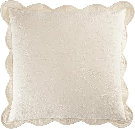 Charleston Estate Modern Farmhouse Floral Matelasse Decorative Pillowcase with Scalloped Edges, 100% Cotton Breathable Bedding, Euro Sham (26" x 26"), Ivory Floral