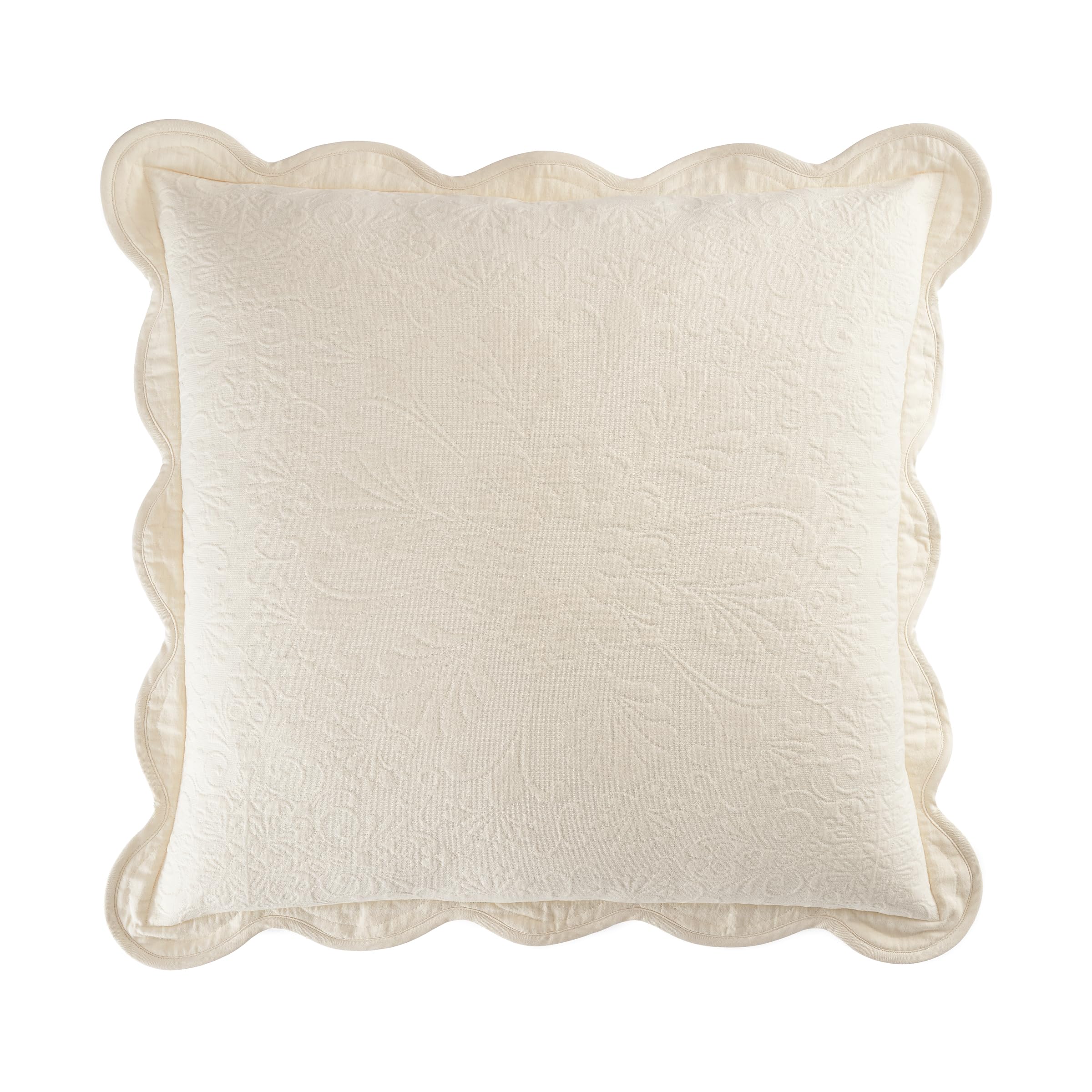 Historic Charleston Charleston Estate Modern Farmhouse Floral Matelasse Decorative Pillowcase with Scalloped Edges, 100% Cotton Breathable Bedding, Euro Sham (26" x 26"), Ivory Floral