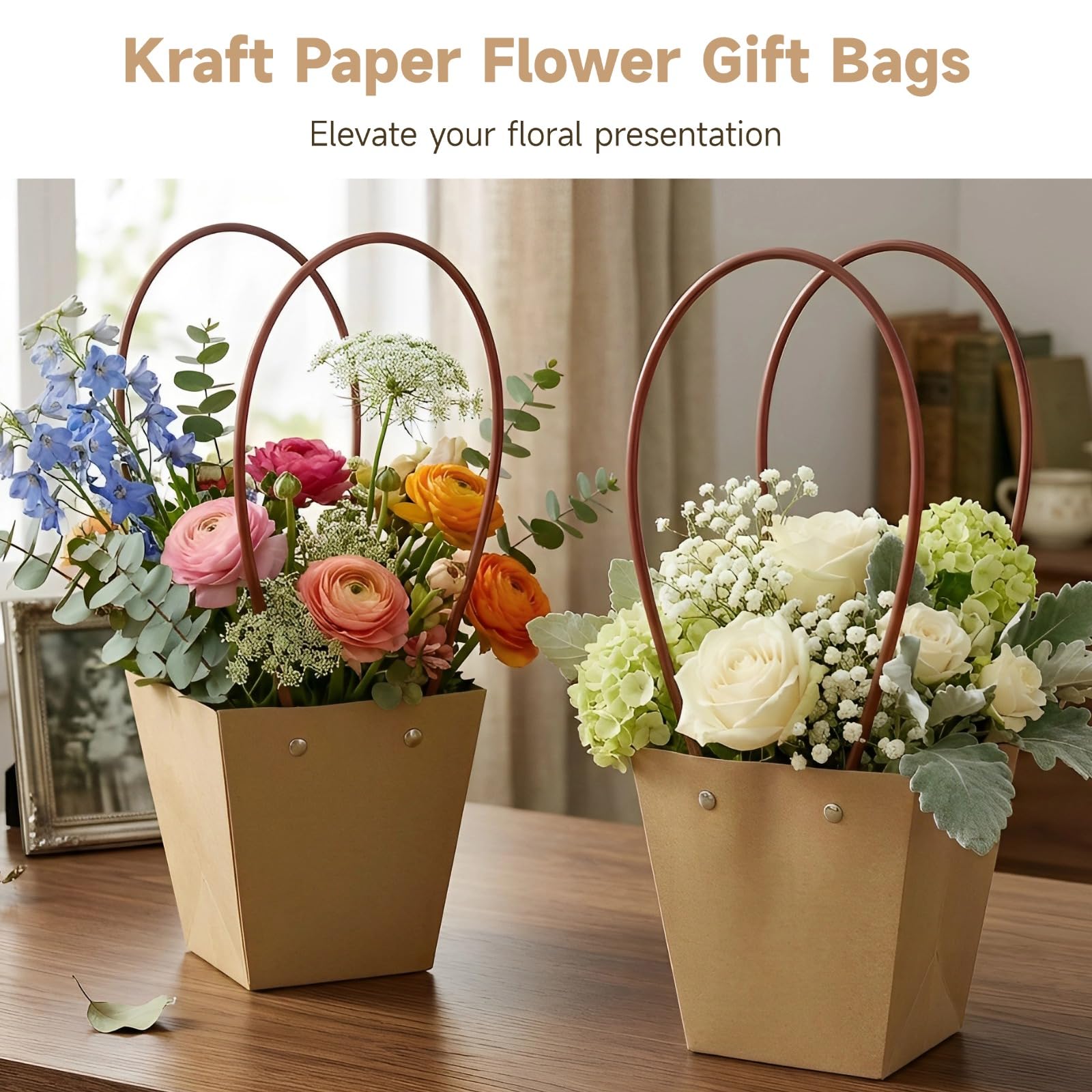 30 sacchetti regalo per fiori in carta kraft, con manici, sacchetti spessi per bouquet, design trapezoidale, fodera interna impermeabile, ideali per composizioni floreali, matrimoni, feste di