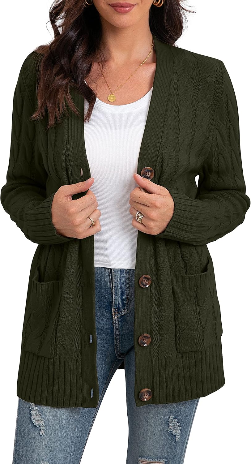 GRECERELLE Women's Long Sleeve Loose Knit Cable Open Front Button Down Cardigan Sweater Outerwear Coat with Pockets