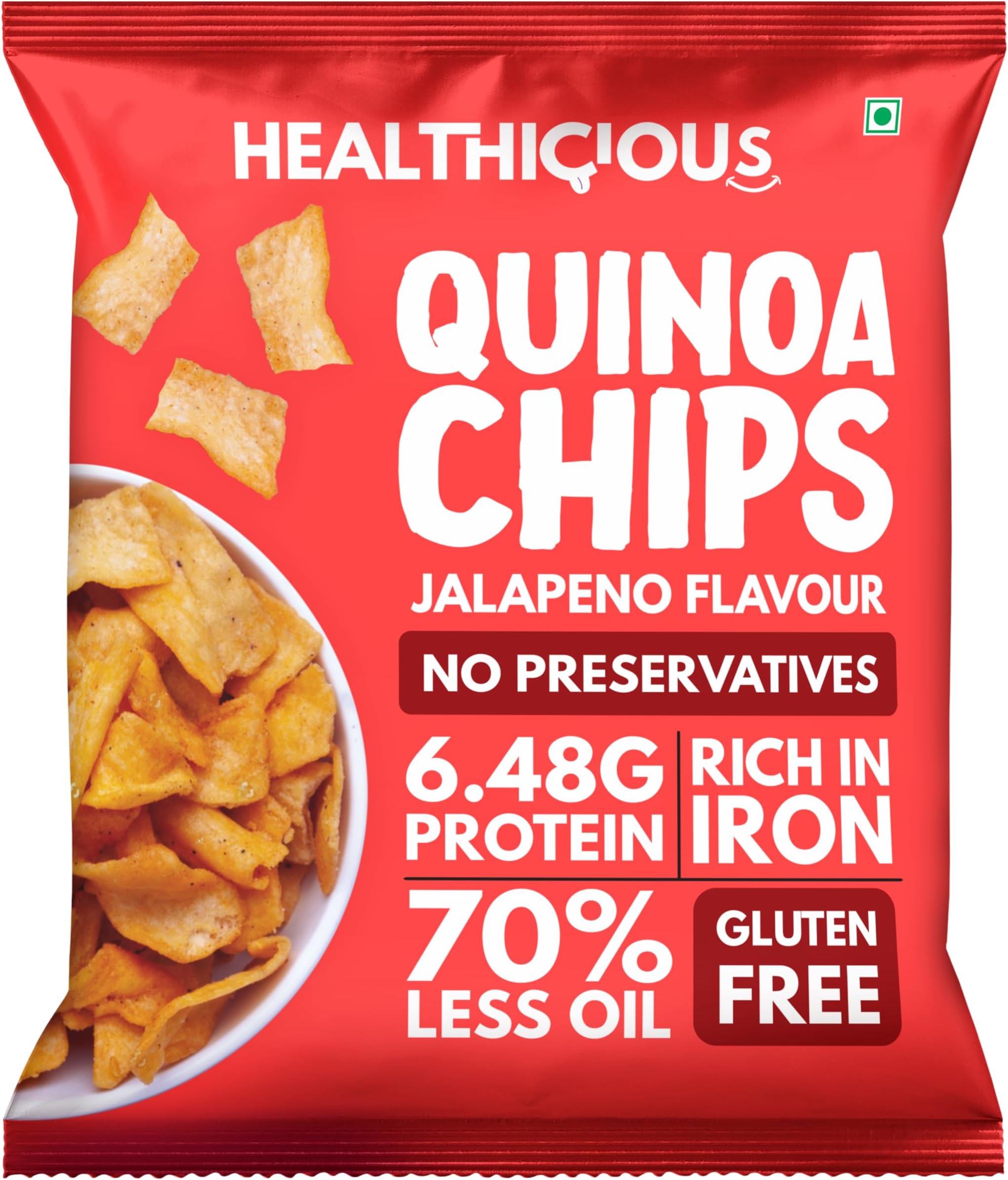 Healthicious Quinoa Chips | Jalapeno Flavor | Gluten Free | Rich Protein | High Fiber | Vegan | No Cholesterol | No Maida | No Preservatives | 70% Less Oil