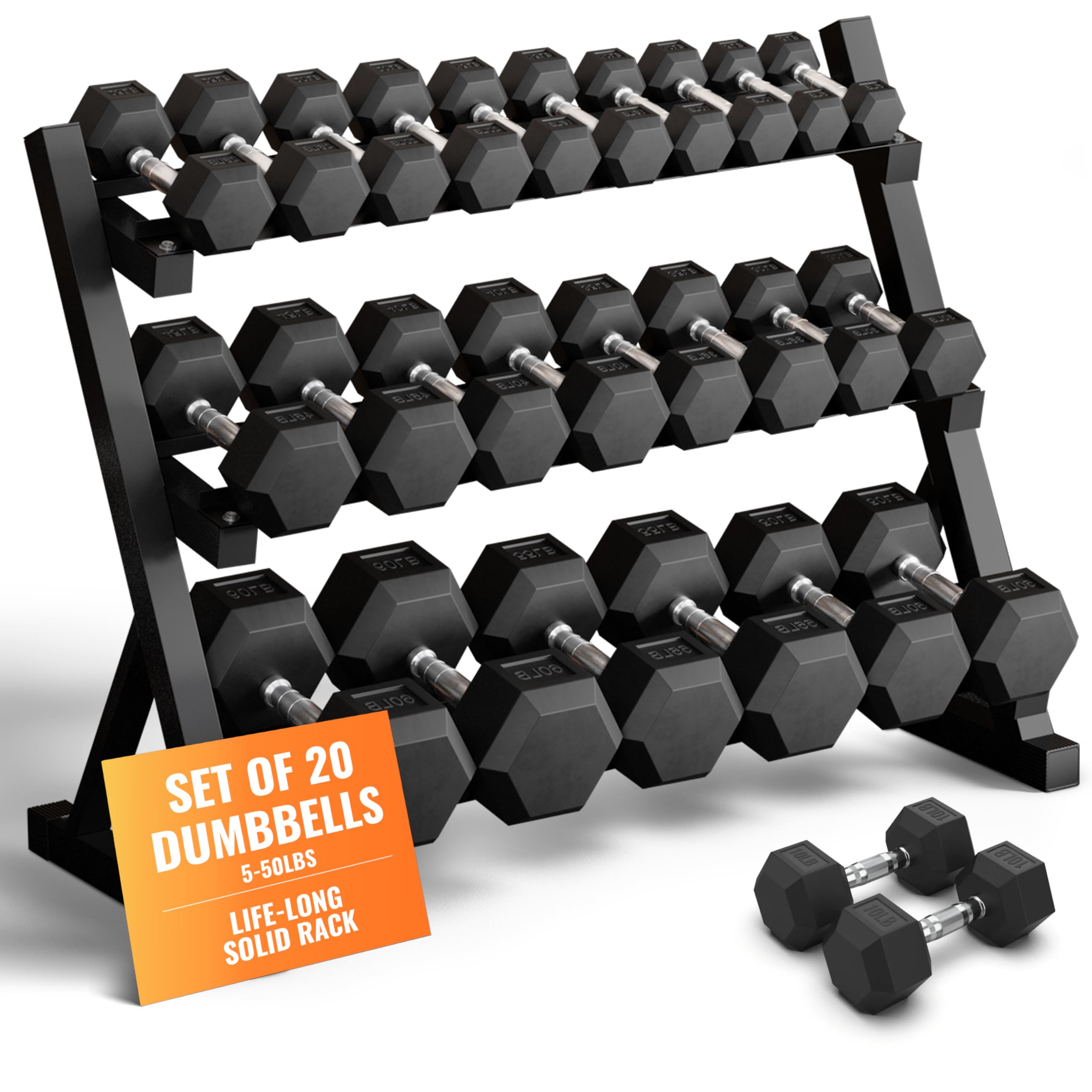 Rubber Hex Dumbbell Set with Rack 8 10 12 15 20 Pair 450 550 780 1200 1550 2100