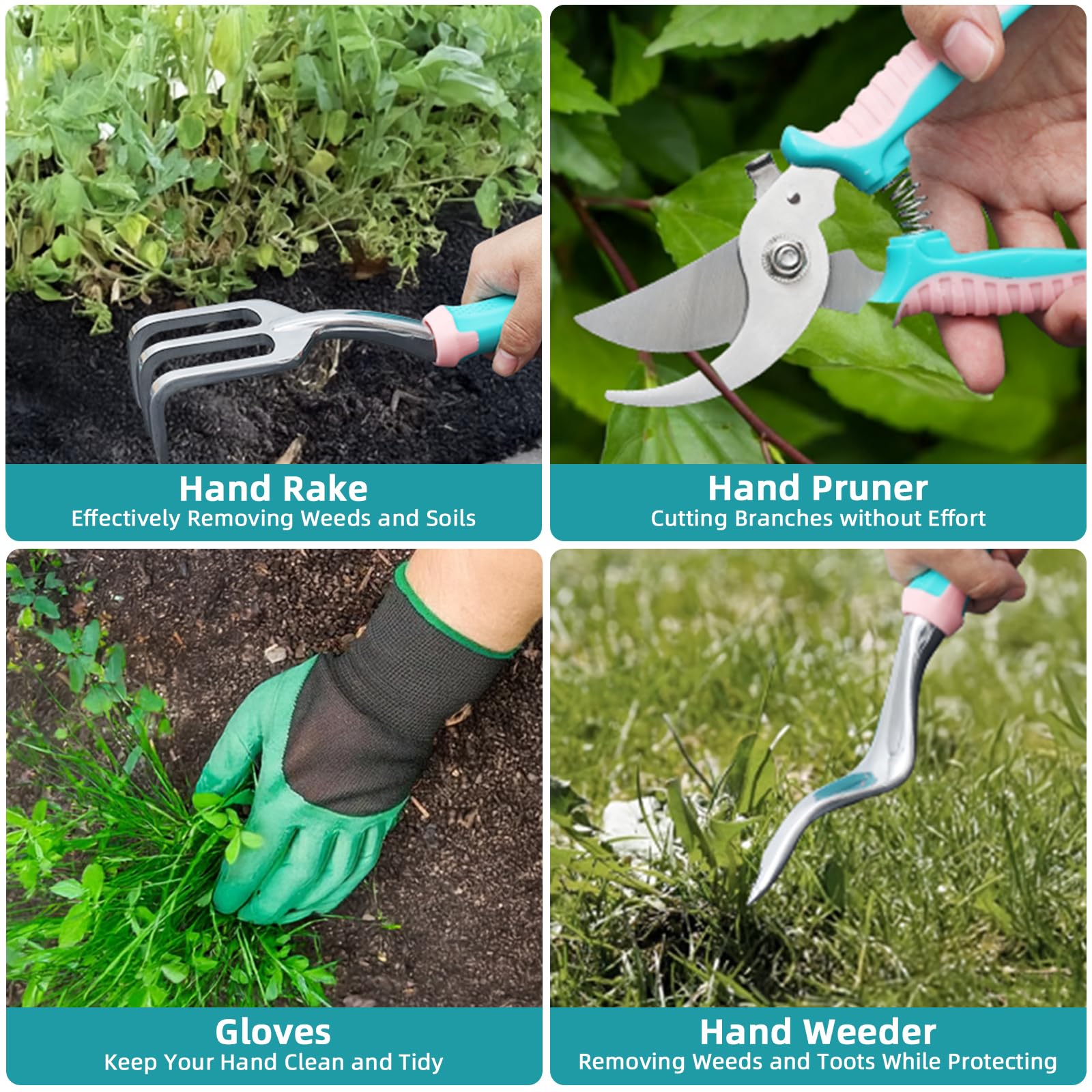 MelonArt Set di attrezzi da giardino, 8 pezzi, kit di attrezzi da giardinaggio per donne, resistente, in lega di alluminio con manico ergonomico antiscivolo, regalo ideale per donne e uomini, verde e