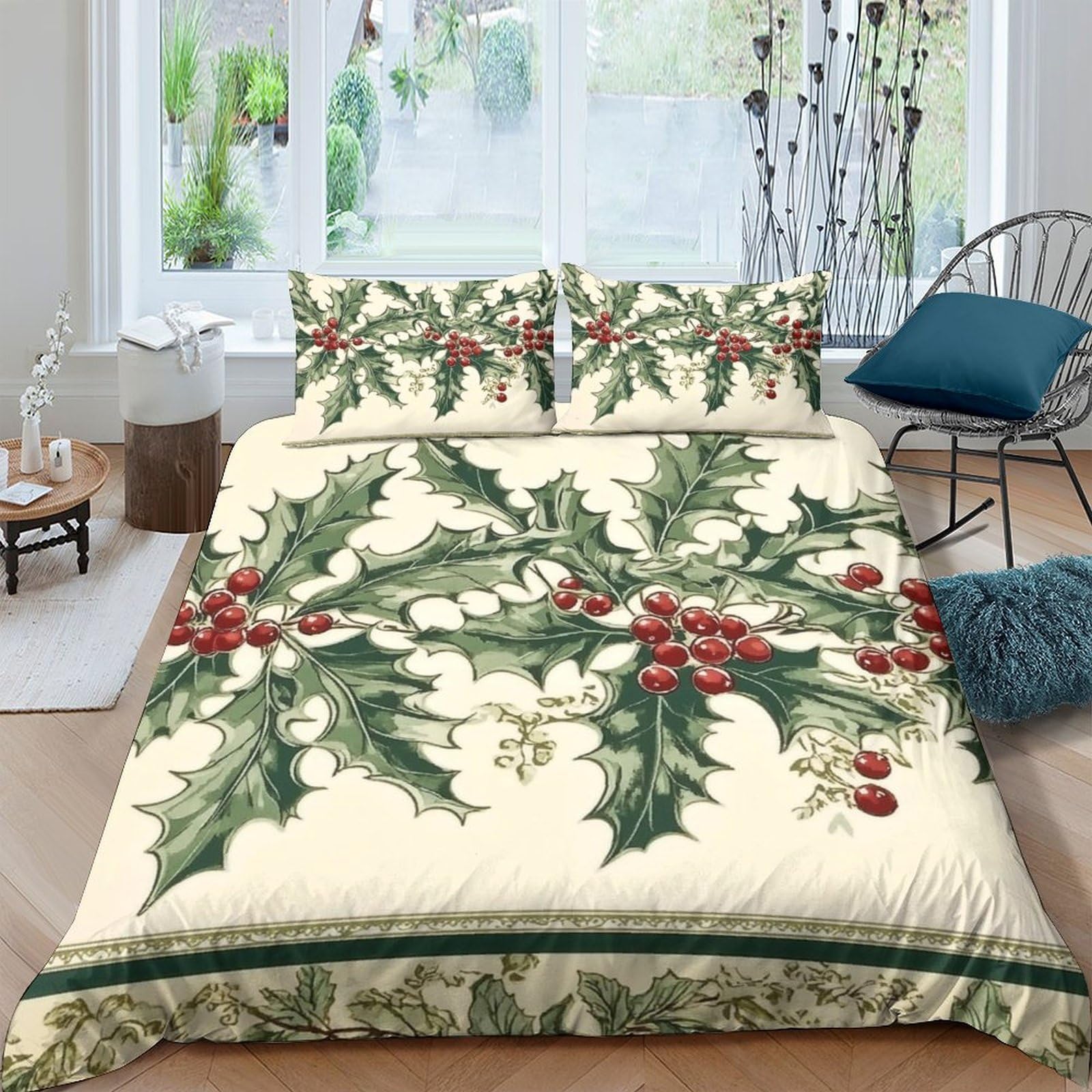 Ctjqhvkz Style-10 3D Printed Holly Berry Fitted Sheet Microfiber Slip-Resistant Christmas Leaves Bed Cover For Bedroom Guest Room Decor Single（135X200cm）