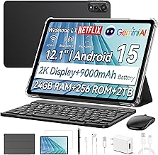 Blackview Tablet Android 15 Mega2 2025, tableta Android de 12 pulgadas con teclado y mouse, pantalla FHD+2K, 24GB RAM + 256GB ROM, 9000mAh, Pen &Case, Octa-core Unisoc T615, Widevine L1, Google GMS
