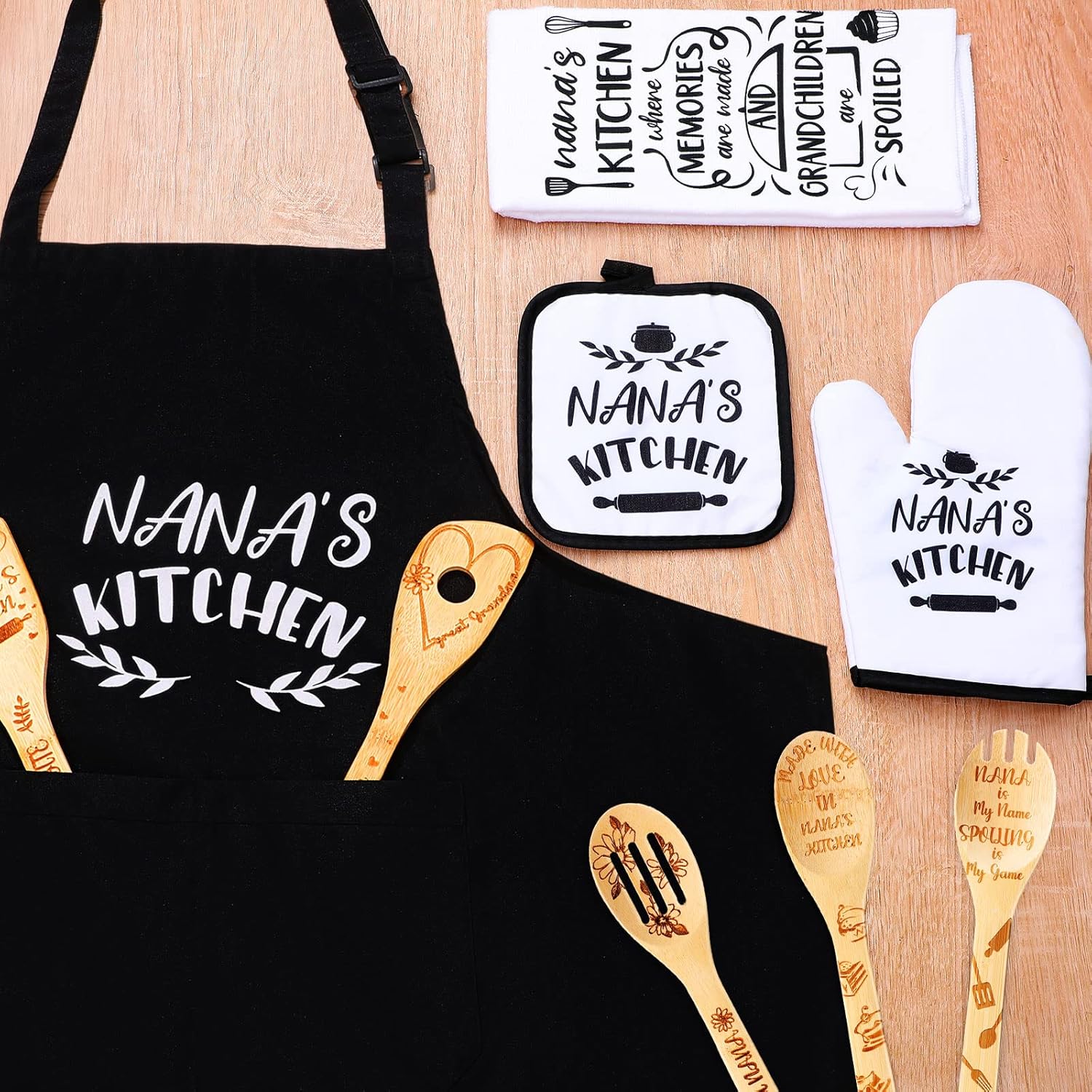 Vicenpal 10 Pcs Christmas Nana Gifts Set Including Cotton Apron Tea Towel Bamboo Kitchen Cooking Spatula Pot Holders Oven Mitt Nana Birthday Holiday Favor