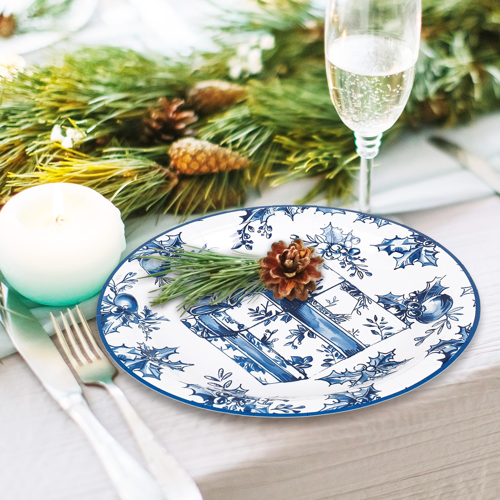 Whaline 40 Pcs Christmas Paper Plates 4 Designs Chinoiserie Blue and White Porcelain Xmas Tree Santa Claus Disposable Plates Tableware for Winter Party Tableware Supplies, 9 In : Health & Household