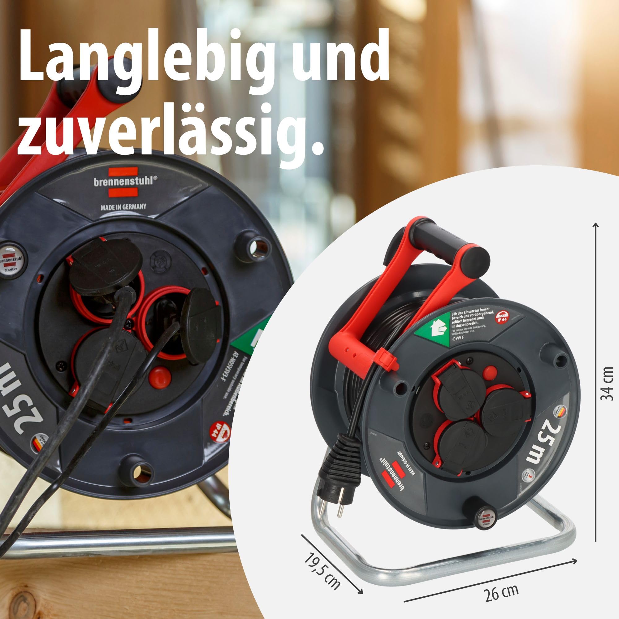 Brennenstuhl Garant V2 IP44 Kabeltrommel 25m outdoor (Made in Germany, 3 Schutzkontakt-Steckdosen, Spezialkunststoff)