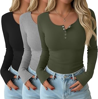 3 Pack Womens Henley Tops Fall Cotton Blend Long Sleeve Button T Shirts Trendy Slim Fit U Neck Basic Tight Tee