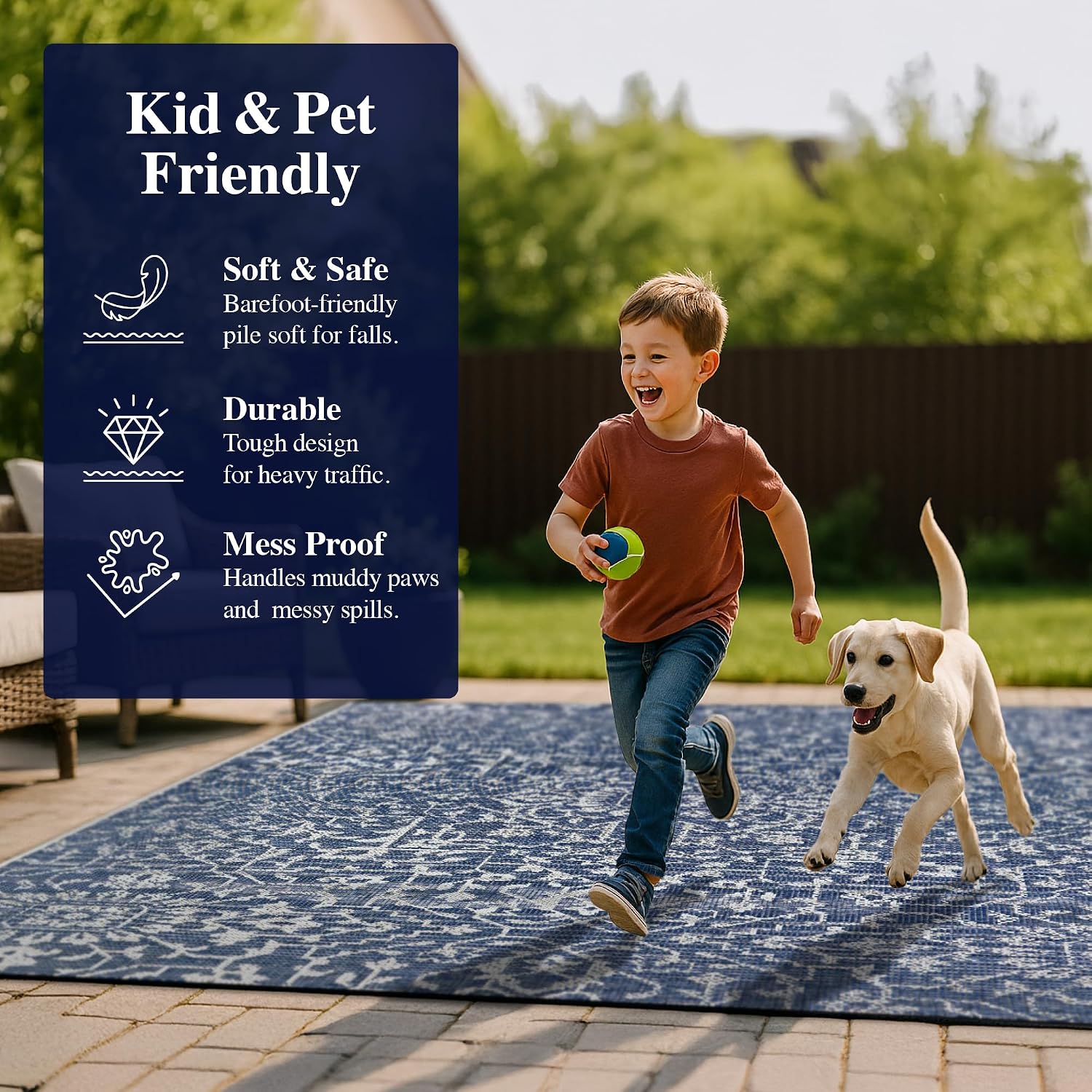 Couristan Palmette Indoor Outdoor Rug – 5'3" x 7'6" Navy Ivory Floral Flatweave Area Rug, UV-Stabilized Polypropylene – Fresh Coastal-Inspired Style for Outdoor Living Spaces