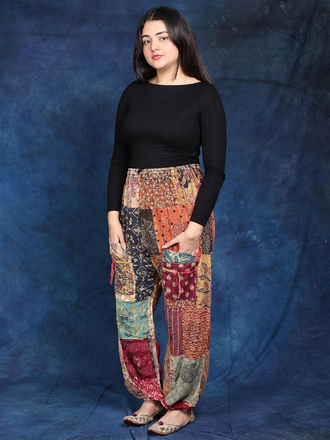 Exotic India Girl's Elastic Waist Pants Loose Pure Cotton Long Trousers with Printed Patchwork Pant for Girls