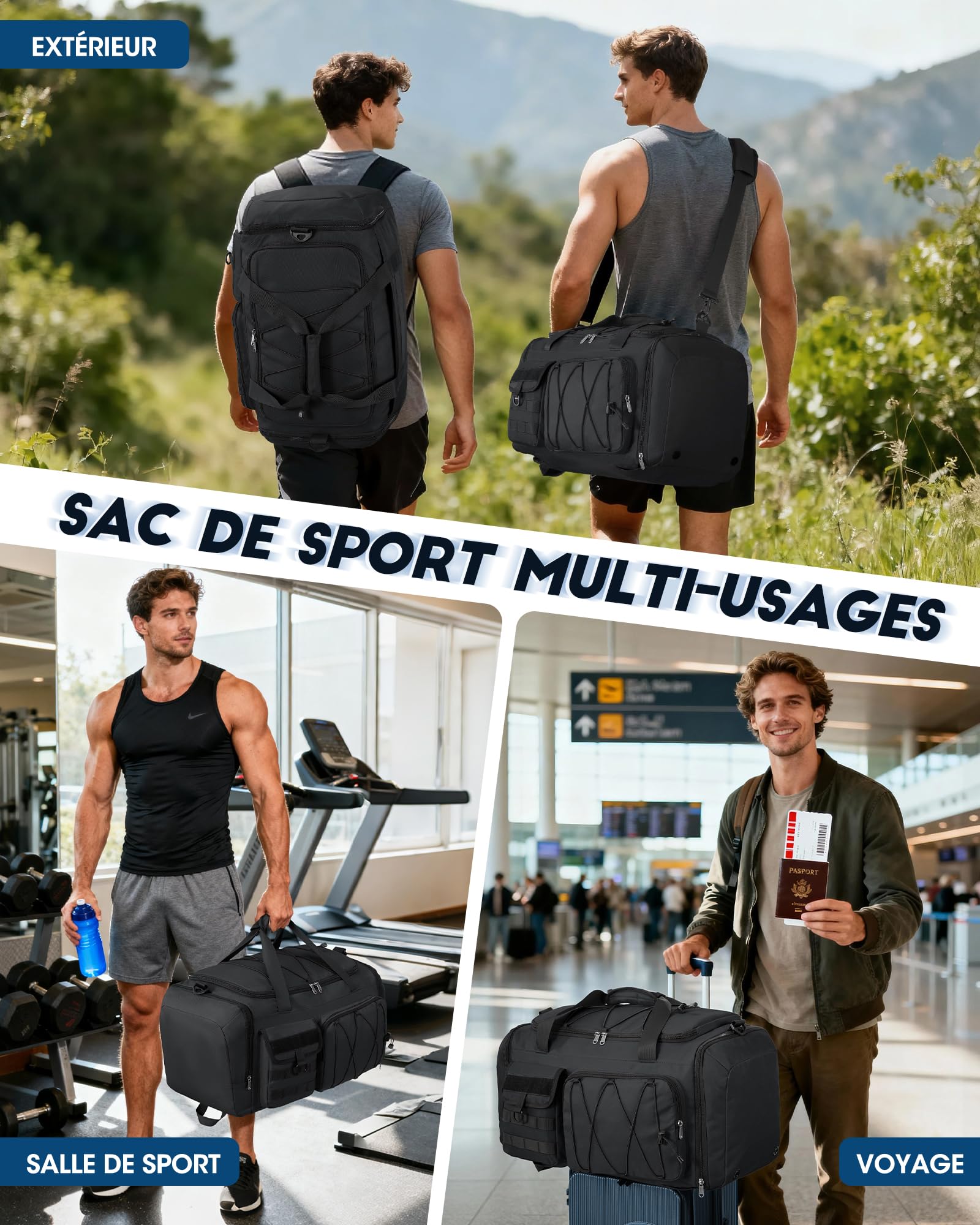 RAINSMORE Sac de Sport Homme Femme 45L, Sac de Voyage 3 en 1 Bagage avec Compartiment Chaussures et Séparation Humide, Sac Fitness Gym Imperméable pour Yoga Weekend Noir