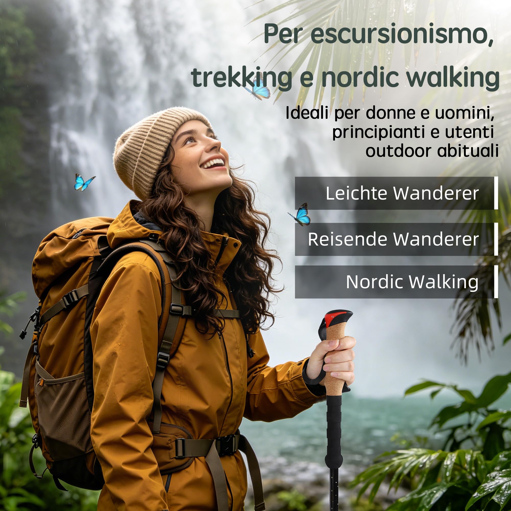Bastoncini trekking telescopici 2 pezzi, 200 g ciascuno, 62–135 cm, carbonio, impugnatura in sughero + EVA, chiusura in alluminio, per trekking e nordic walking