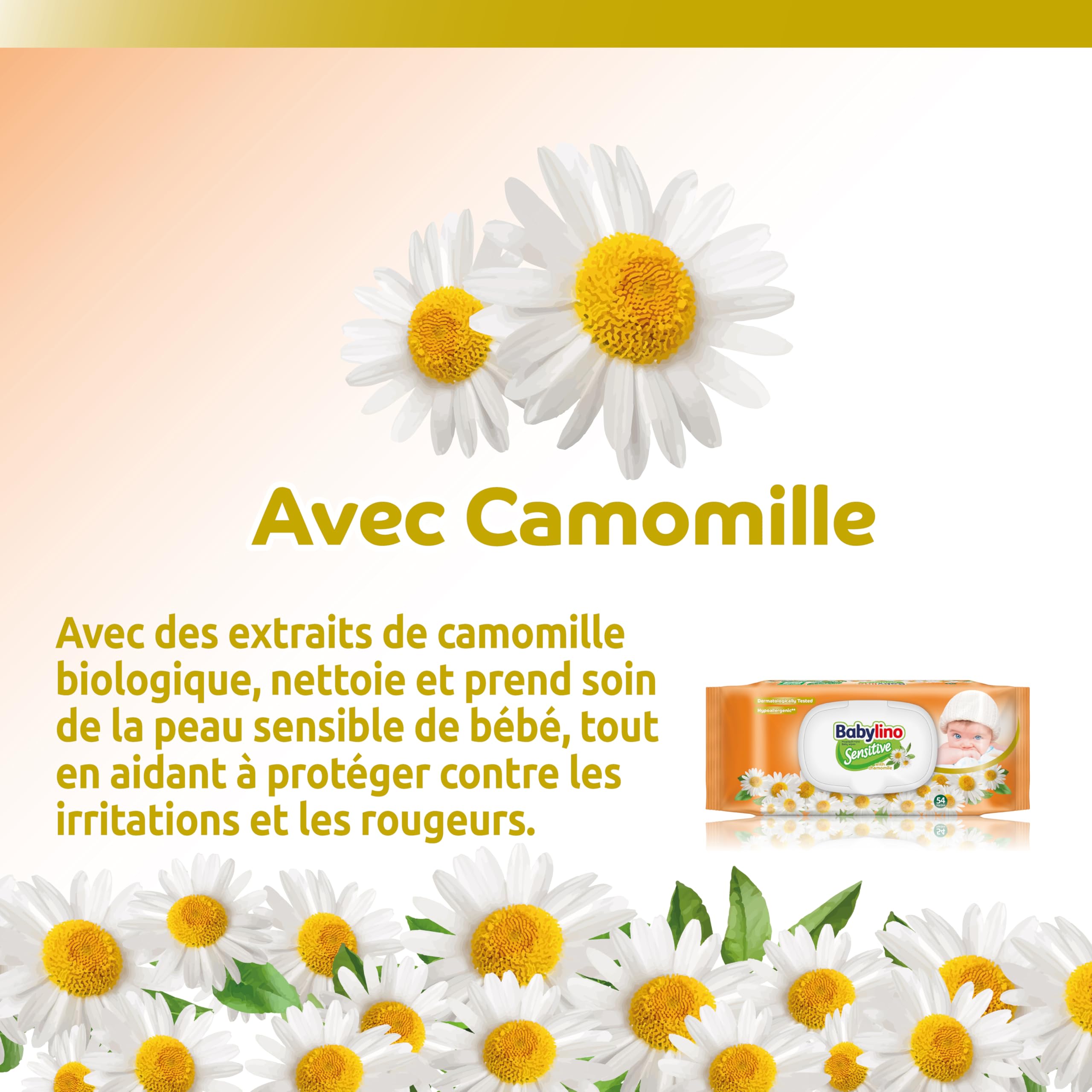 Babylino Sensitive Lingettes au délicat parfum de Camomille, Formule 98% Naturelle qui restaure le pH naturel de la peau, 3 paquets avec capot refermable, 162 lingettes