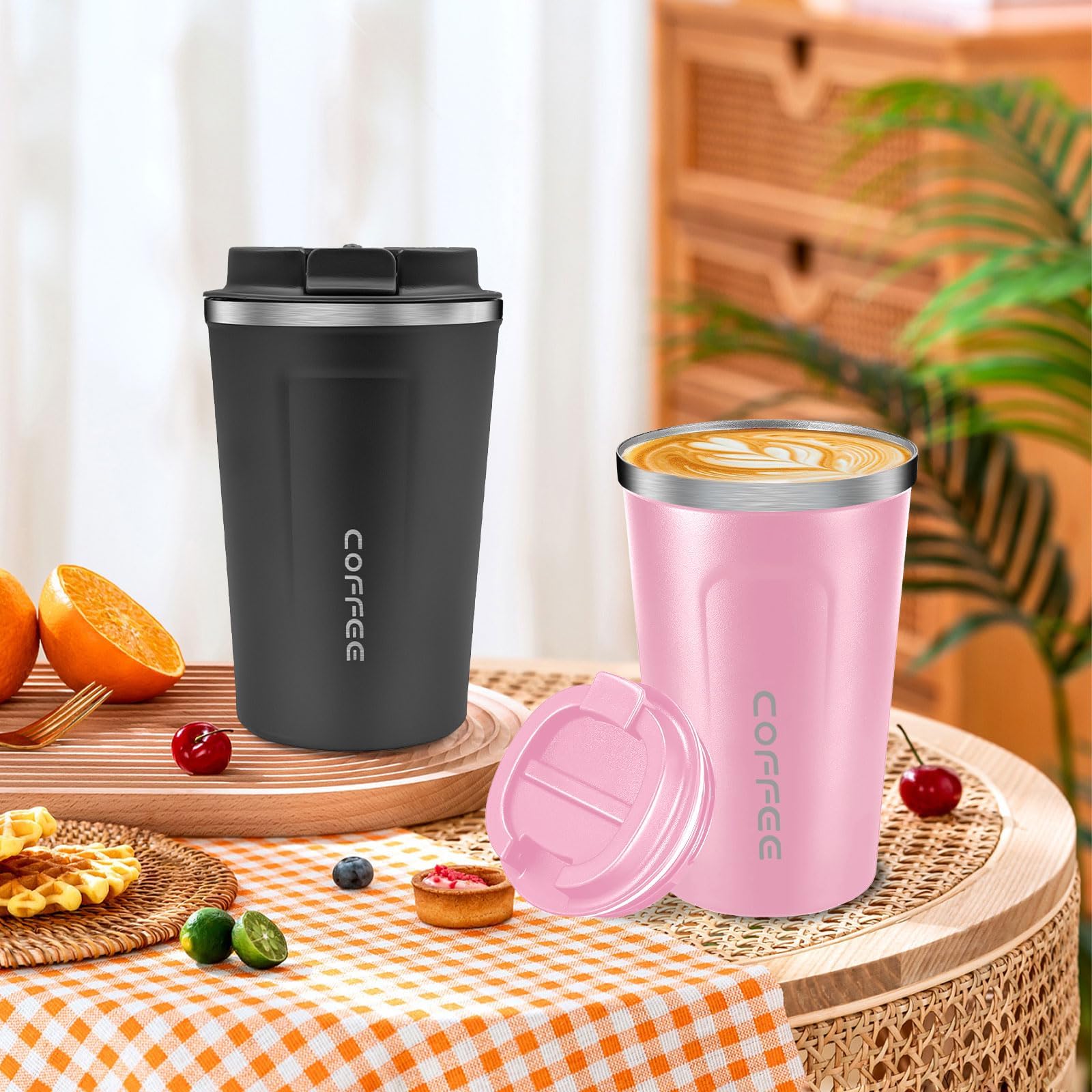 Lot de 4 tasses à café à emporter - 380 ml - Gobelets isothermes à double paroi avec couvercle anti-fuite - Tasse de voyage pour café et thé - Blanc, vert, noir, rose