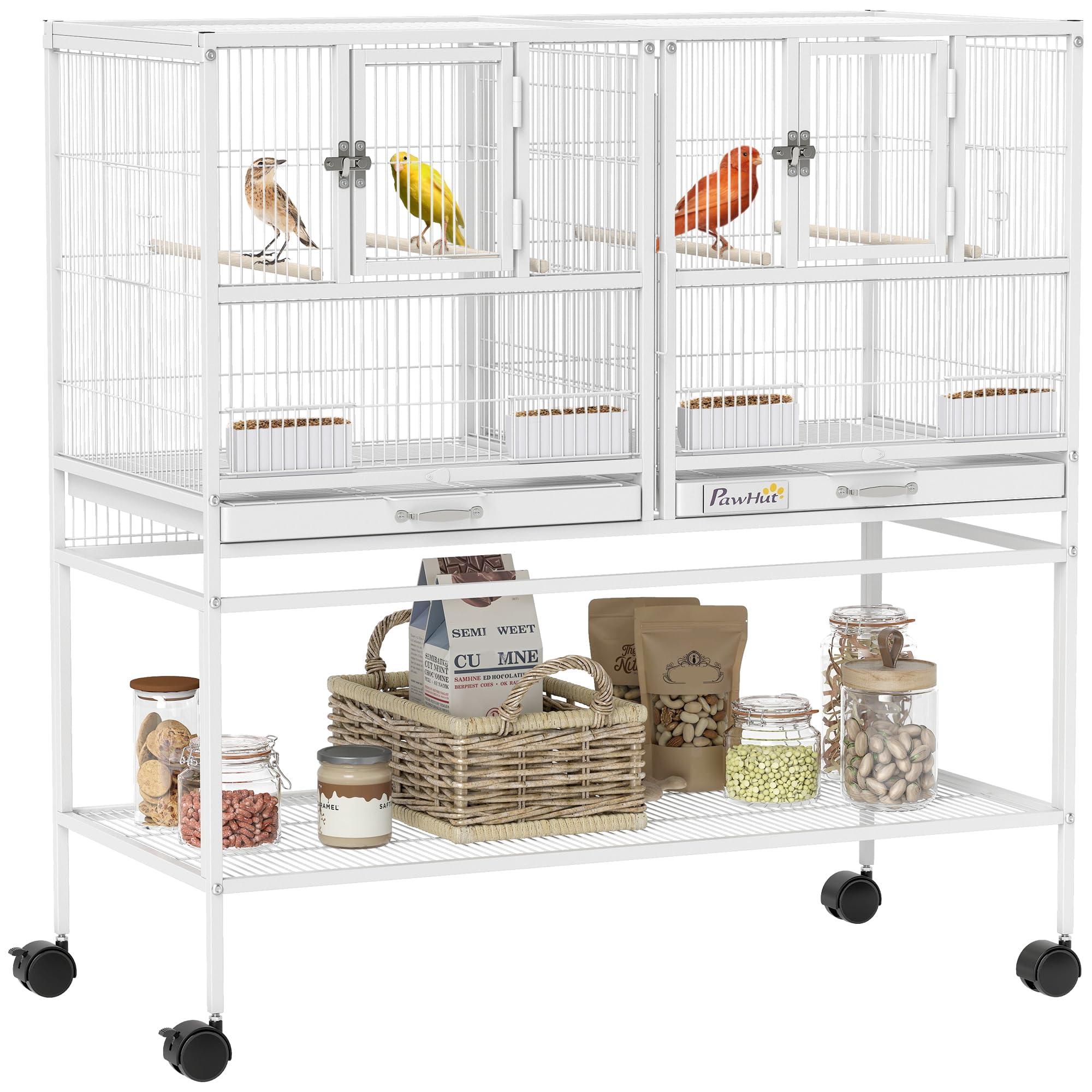PawHut Jaula para Pájaros Grande con Divisor, Pajarera Doble con Ruedas, 4 Comederos, 4 Perchas, Estante, 2 Bandejas Extraíbles, para Periquitos, Agapornis, Canarios, 95x45,5x102 cm, Blanco