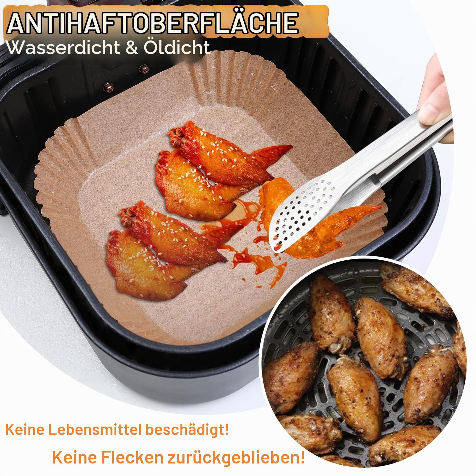 AiQInu Backpapier für Heißluftfritteuse, 200 Stück 16cm BPA-frei Airfryer Backpapier Eckig Wasserdicht Ölfest Pergamentpapier Liner Airfryer Zubehör, für Heißluftfritteuse Ofen Mikrowelle