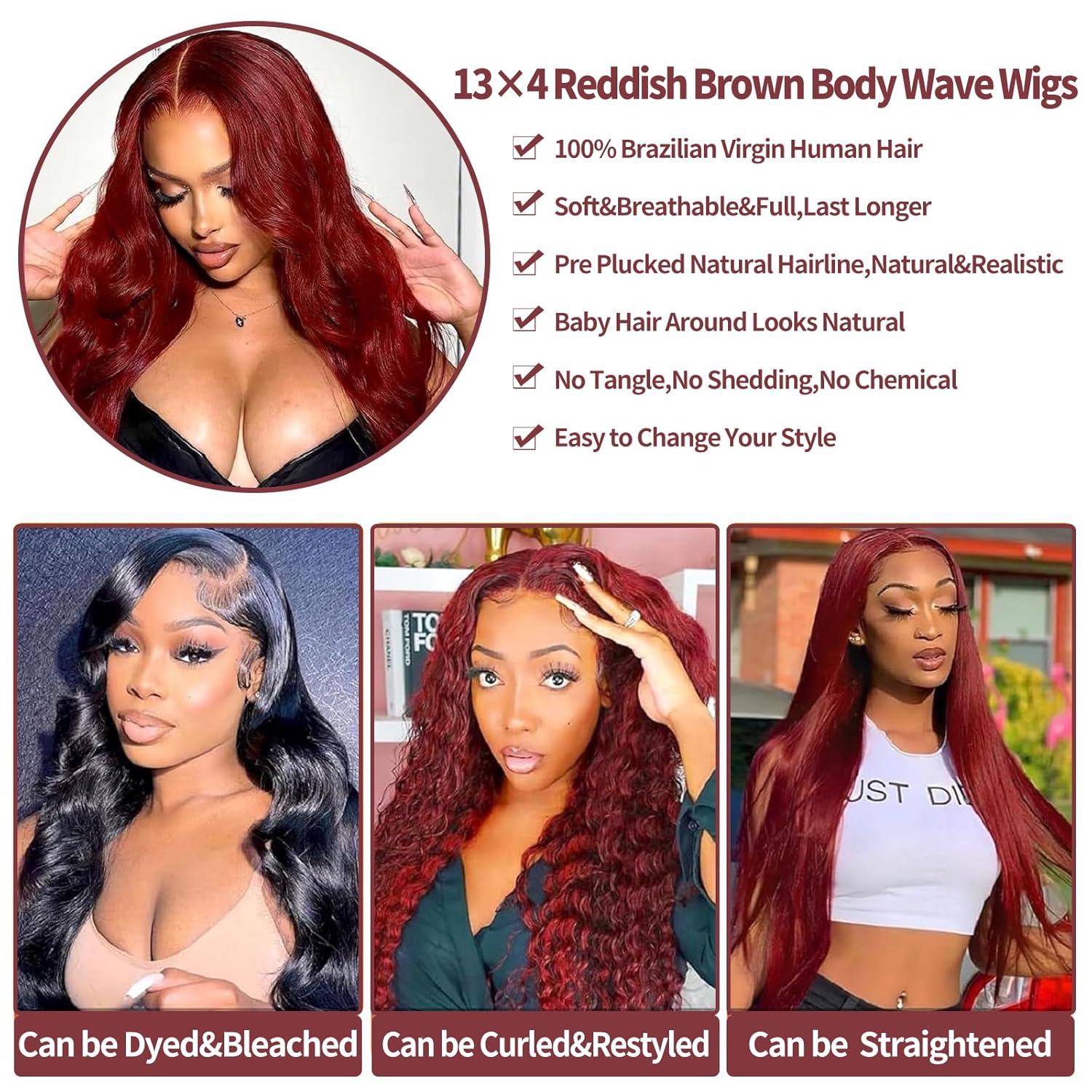 Reddish Brown Lace Front Human Hair Wig - Pre-Plucked Body Wave 13x4 HD Transparent Full Frontal 99j Burgundy Auburn Colored Wig - 180 Density 26 Inch