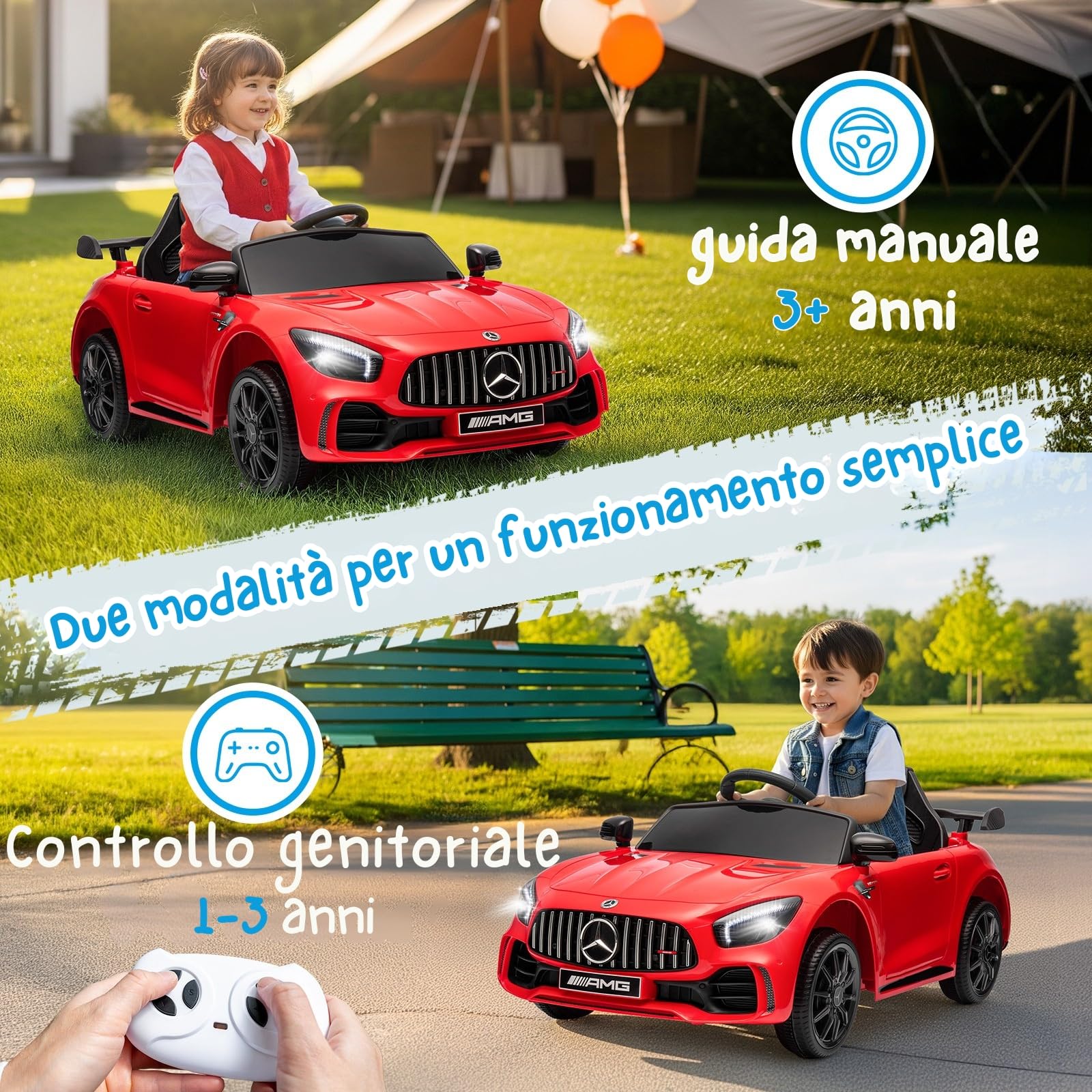 LALAHO Mcchina Elettrica Per Bambini Mercedes AMG GTR 12V con Doppi Motori, 3-5km/h Auto Elettrica per Bambini 3-5 Anni, Sospensioni, MP3, Telecomando (Rosso)
