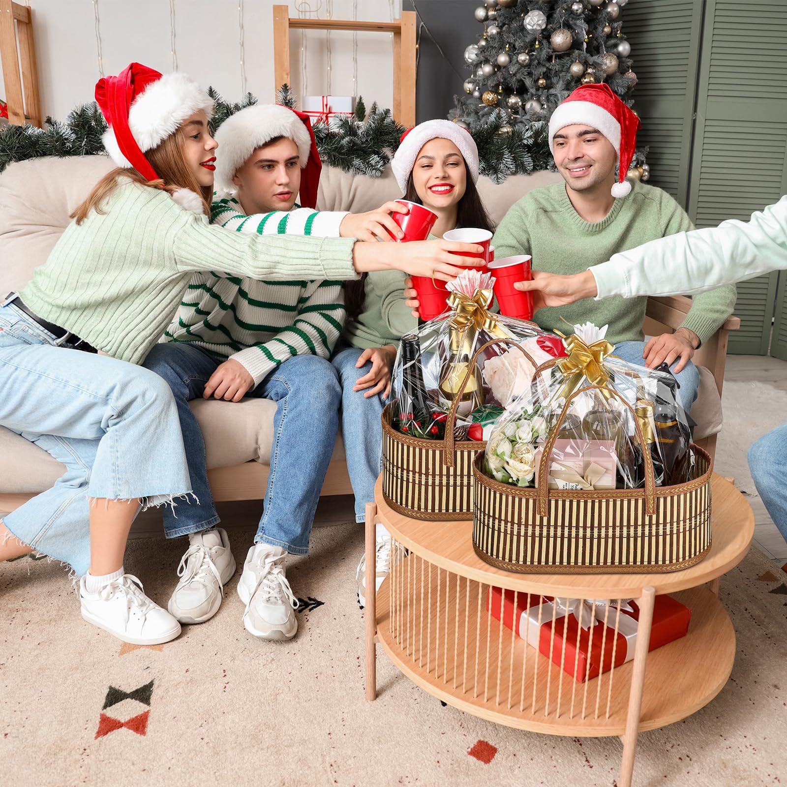 Reallnaive 6 juegos de cestas tejidas para regalos, cestas vacías grandes de bambú con asa, bolsa de celofán y cinta de flores, cestas de regalo plegables resistentes para Navidad, Acción de Gracias