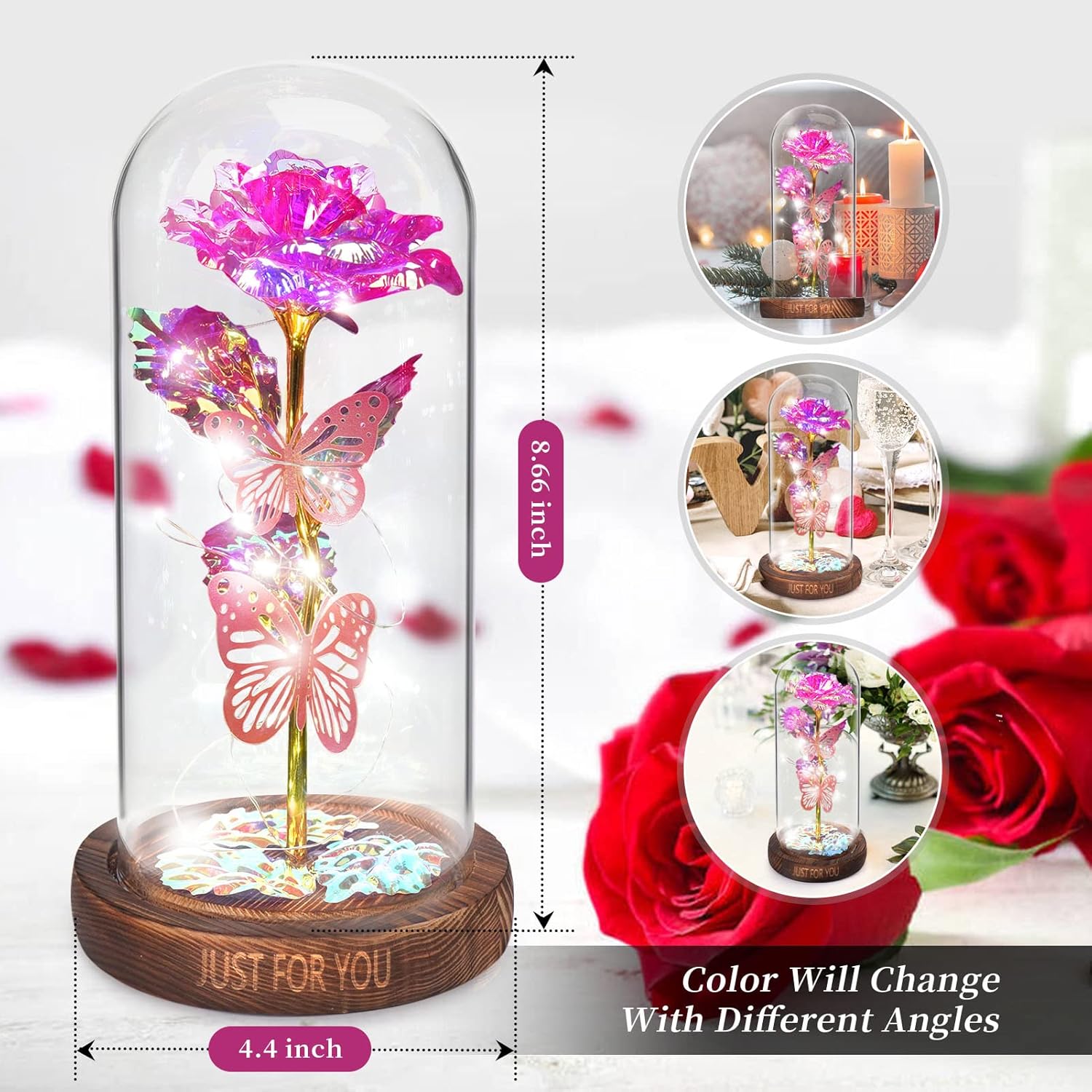 WOKEISE Valentines Day Gifts for Her, Light Up Rose Butterfly in Glass Dome, Birthday Anniversary Flowers Lighted Roses Gifts for Women,Wife,Mom, Grandma,Girlfriend,Girls,Sister-Pink - Image 4