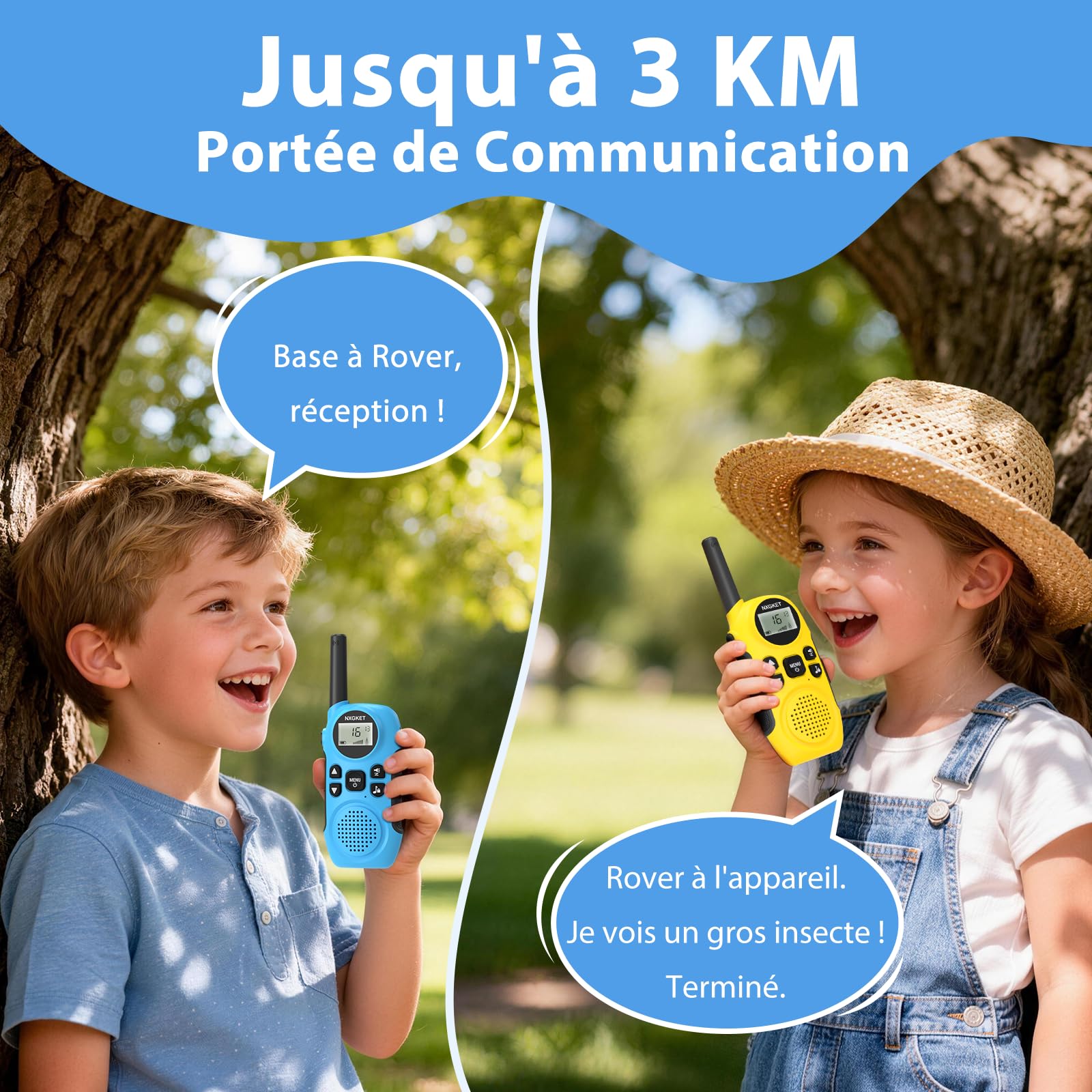 NXGKET Talkie Walkie Enfants Rechargeable, Longue Portée de 3 Kilomètres, Talkie-Walkie avec Lampe Torche, Idéal pour Le Camping, Cyclisme et la Randonnée, Jouets pour Garçons et Filles de 3-12 Ans