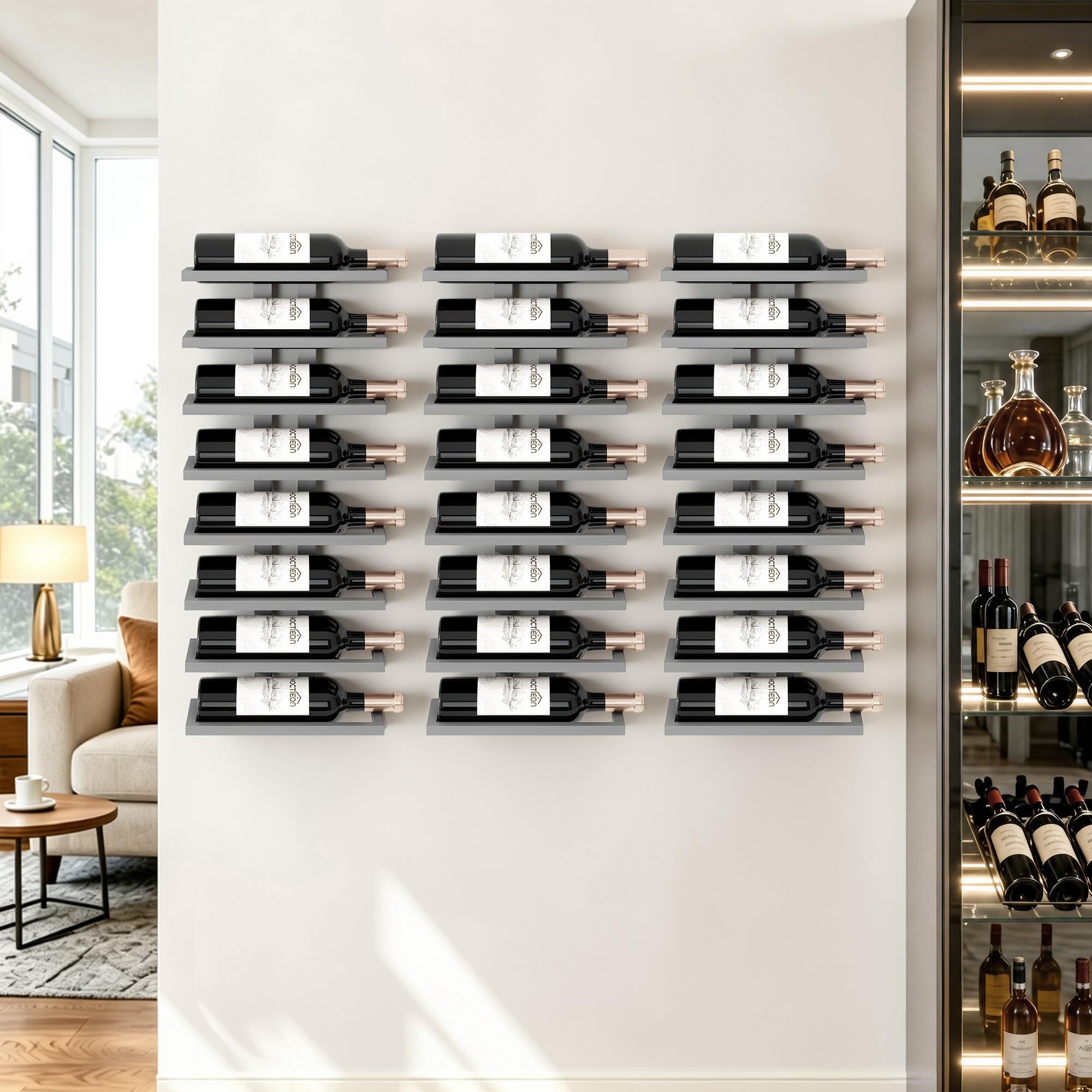 Hoctieon 3-Set 8 Tier Wall Mount Wine Rack (24 Tiers), Wall Racks for Wine Bottles Display and Storage, Hanging Bottle Organizer for Living Room, Kitchen, Wine Cellar, Bar, Grey