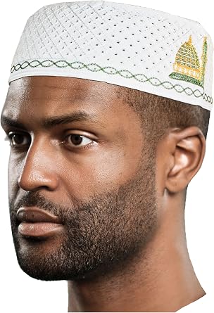 Dupsies White, Gold and Green Kofia Hat African Embroidered Kufi Cap