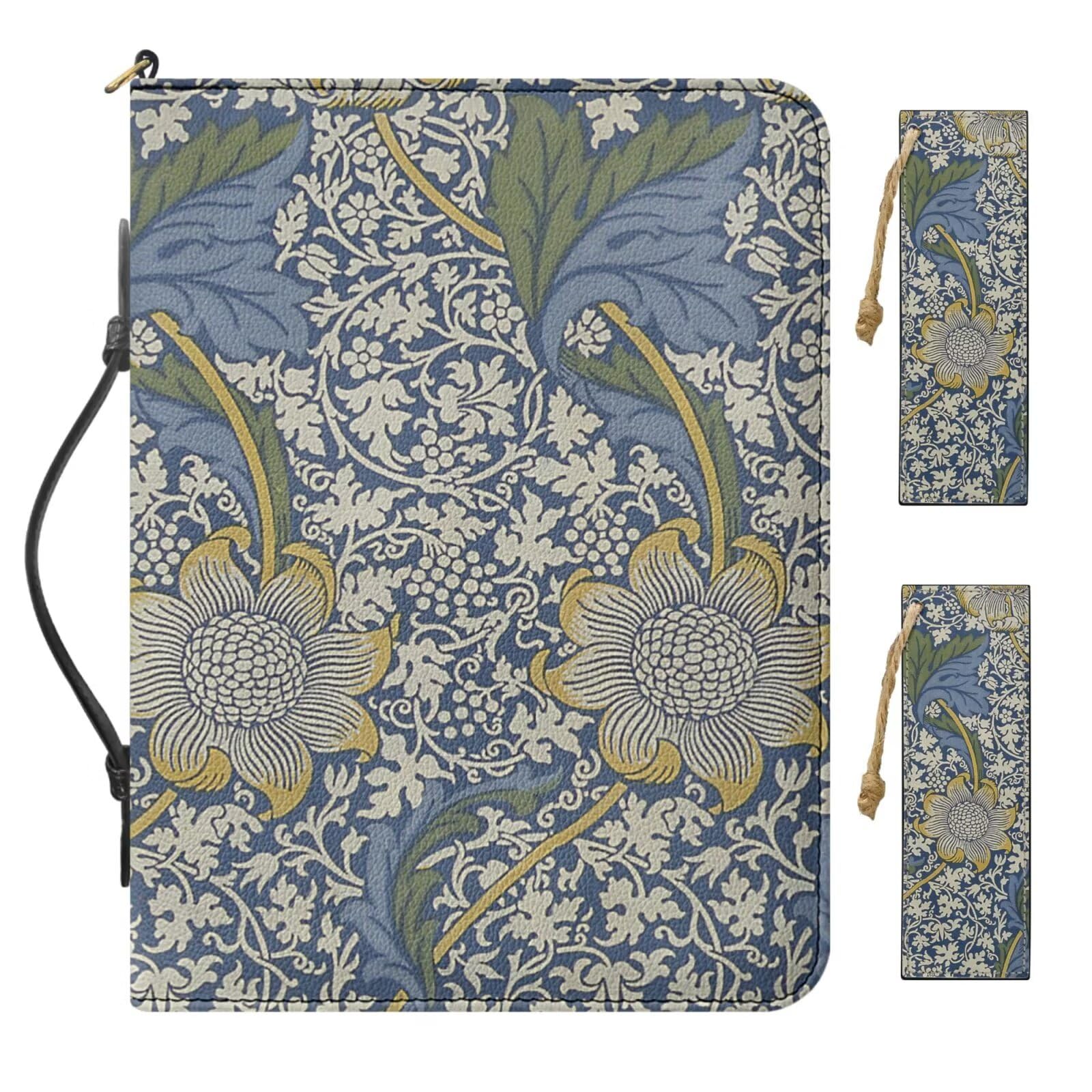 Buxolandt Large PU Leather Bible Study Bag, Comes with 2 Leather Bookmarks, Blue Bible Case with Handle Built-in Pocket Pen Slots, Work of William Morris Printed Bible Organizer for Men, Waterproof