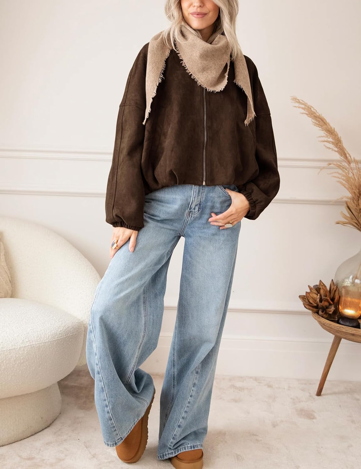 Tanming Womens Faux Suede Leather Jacket Casual Oversized Long Sleeve Zip Up Bomber Jackets Coats Outerwear - Image 3