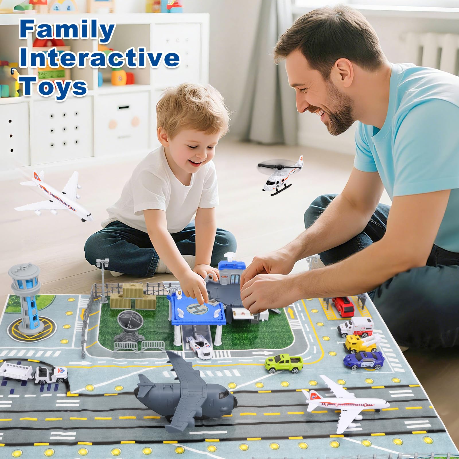 deAO Flugplatz Toy Strap Karte, Inkl. Gebäude des Flughafenterminals, Radarturm, 11 Verkehrsträger: Gepäckwagen, Polizeifahrzeuge, Verkehrsflugzeug, Straßensperre, Bodenpersonal für Kinder von 3–12