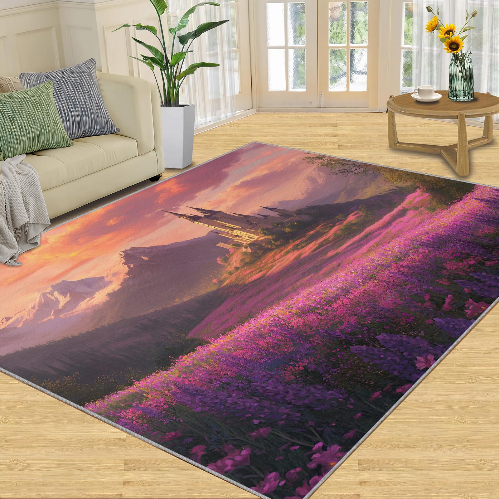 Tapis motif château fleurs tapis romantique antidérapant de salon