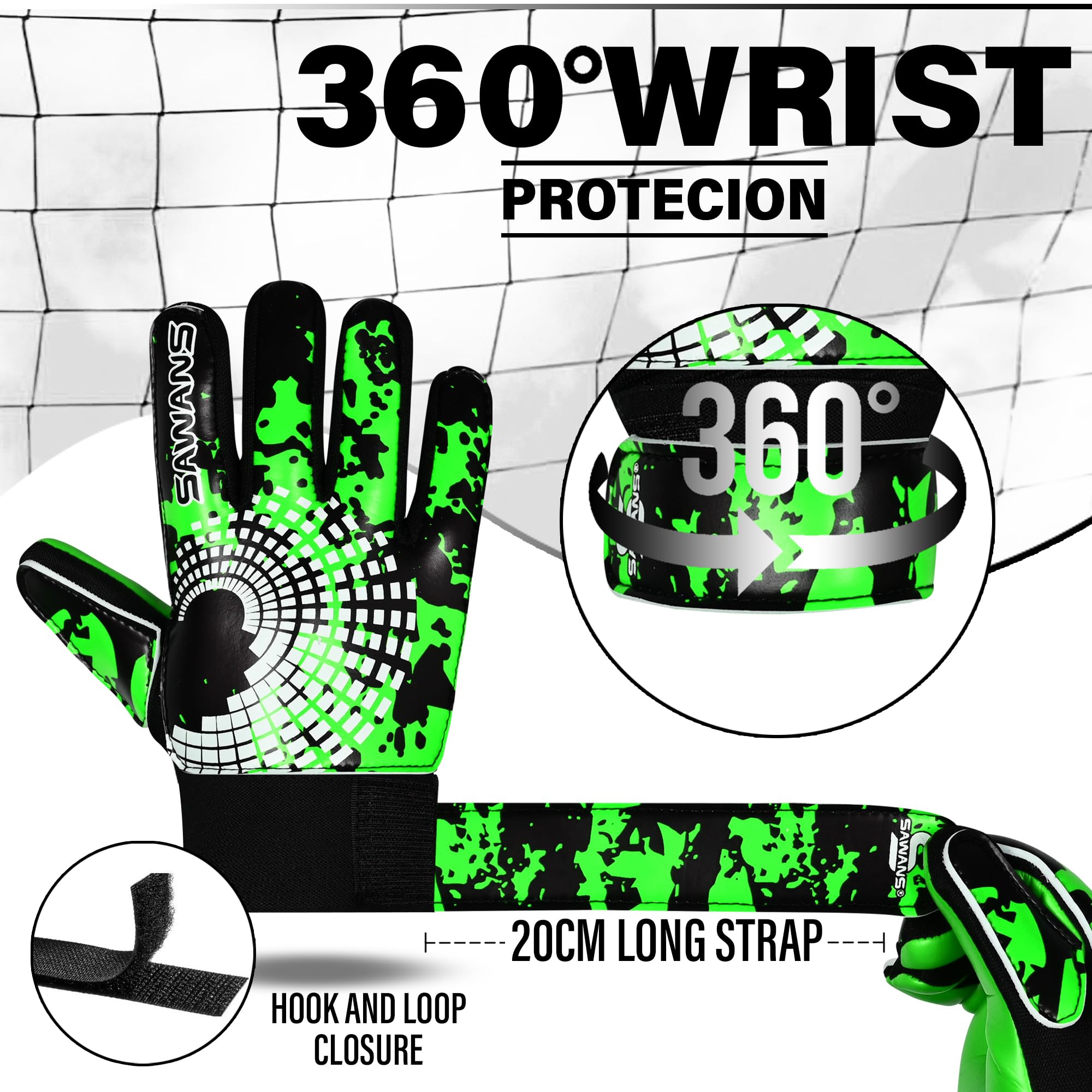 SAWANS Guanti da portiere da calcio per ragazzi, bambini, ragazzi, adulti, guanti da portiere con presa forte, palmo con supporto per il polso, antiscivolo