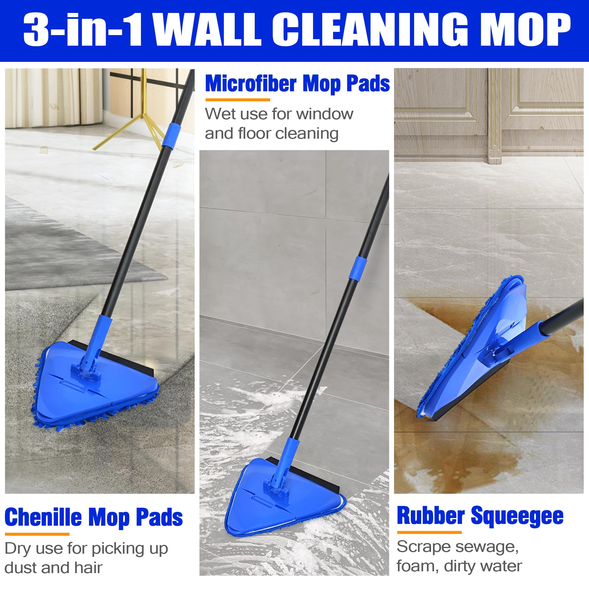 Limpiador de fregona de pared con mango largo de 80 pulgadas, plegable de 180°, limpiador y escobilla de goma, herramienta de limpieza triangular para zócalos con 6 almohadillas de microfibra