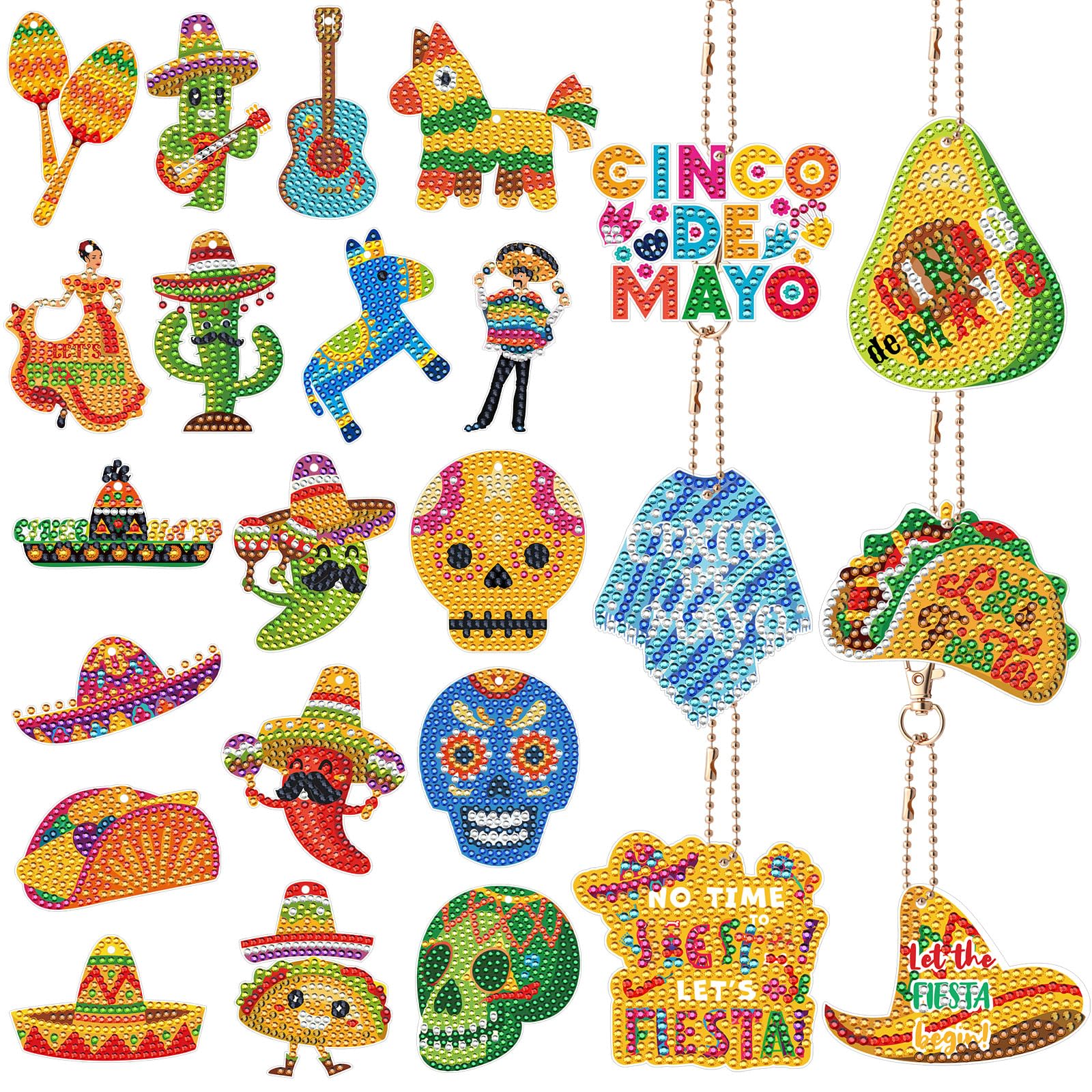 Photo 1 of Huquary 24 Sets Cinco De Mayo Diamond Arts Keychains Mexican Fiesta Diamond Art Ornaments 5D DIY Crystal Rhinestone Crafts Kits Sombrero Taco Cactus Craft for Cinco De Mayo Mexican Holiday Gifts