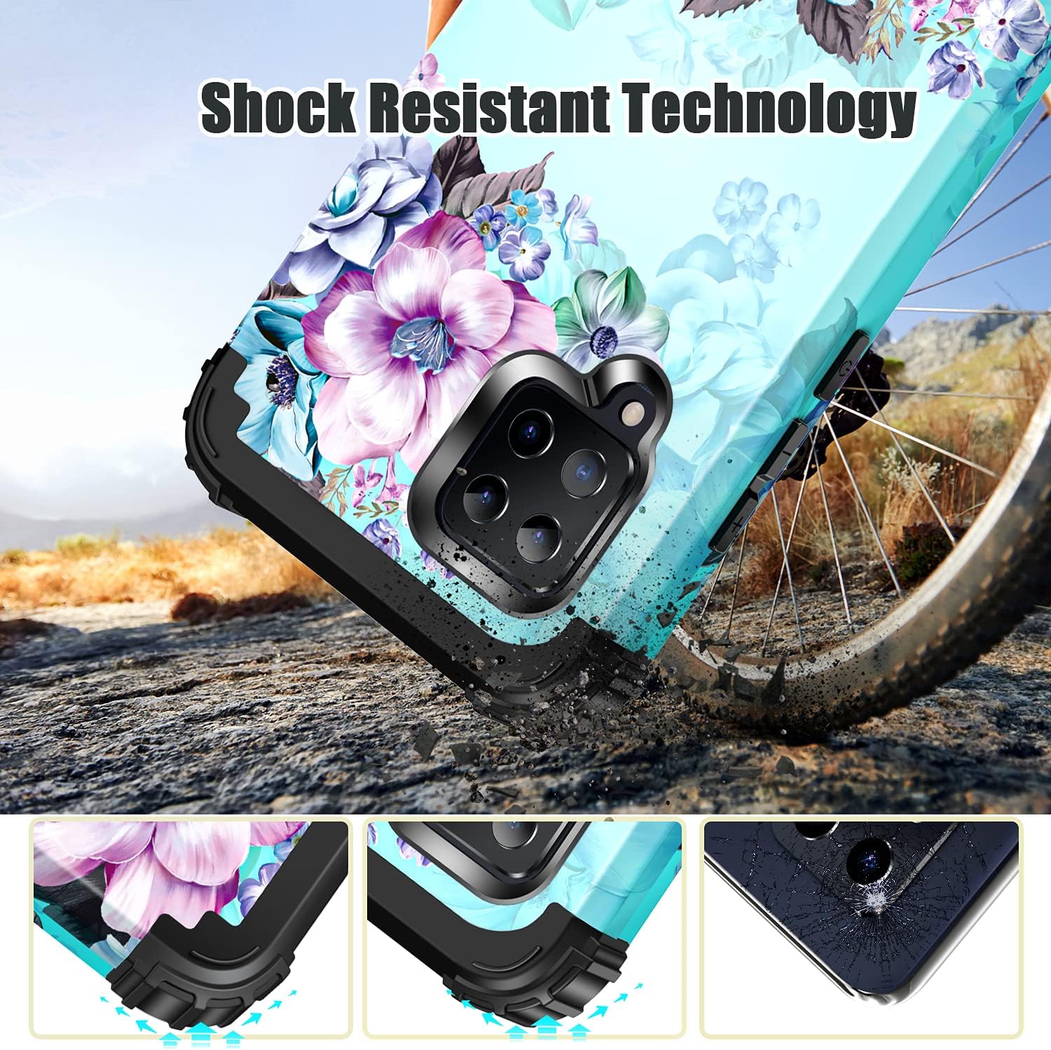Casetego Compatible with Galaxy A42 5G Case,Floral Three Layer Heavy Duty Sturdy Shockproof Full Body Protective Cover Case for Galaxy A42 5G,Blue Flower