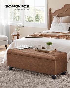 SONGMICS Storage Ottoman, Storage Bench, Tufted Entryway Bedroom Bench, 17.7 x 46.5 x 17.7 Inches, Hinges Easy Lid Operation, Wooden Legs, Synthetic Leather, Loads 330 lb, Coffee Brown ULOM071K01