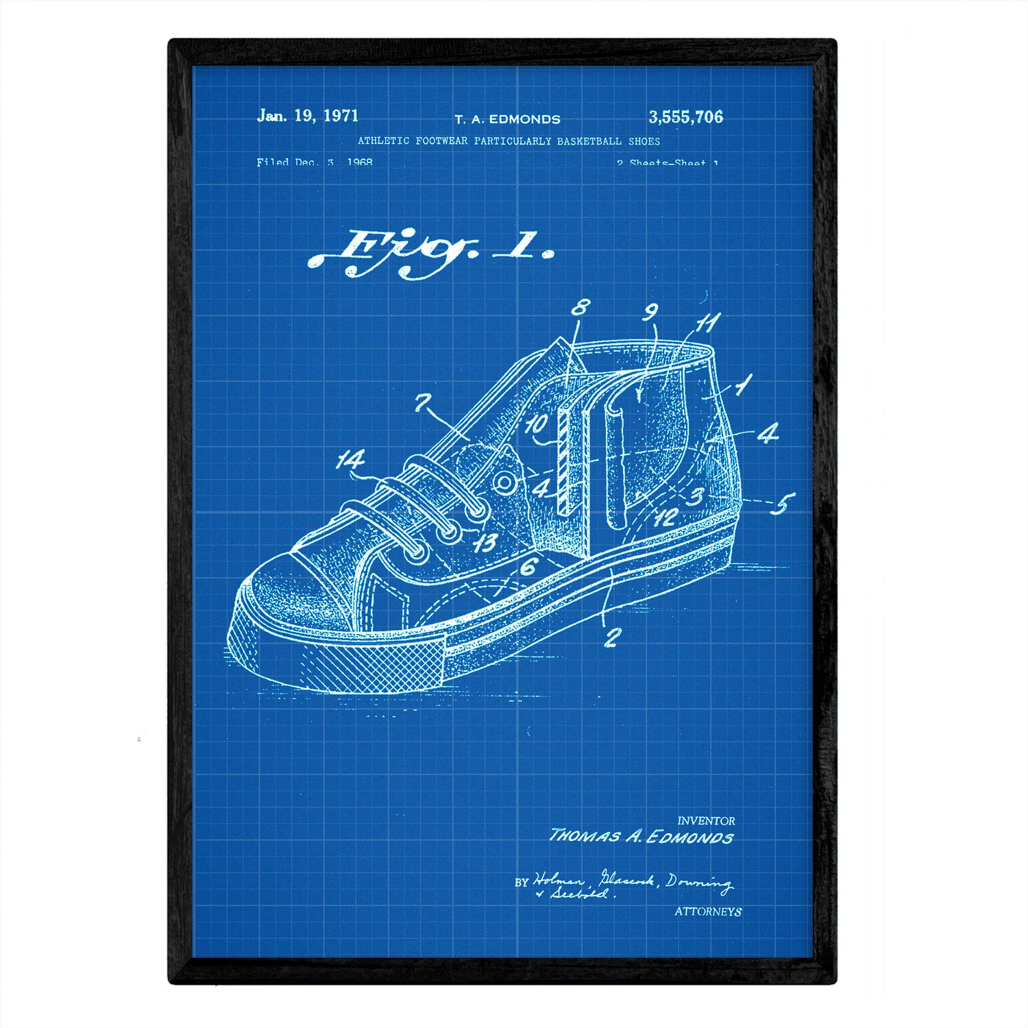 Nacnic Poster with basketball sneaker Patent 2. film with old design patent in A3 size with blue background