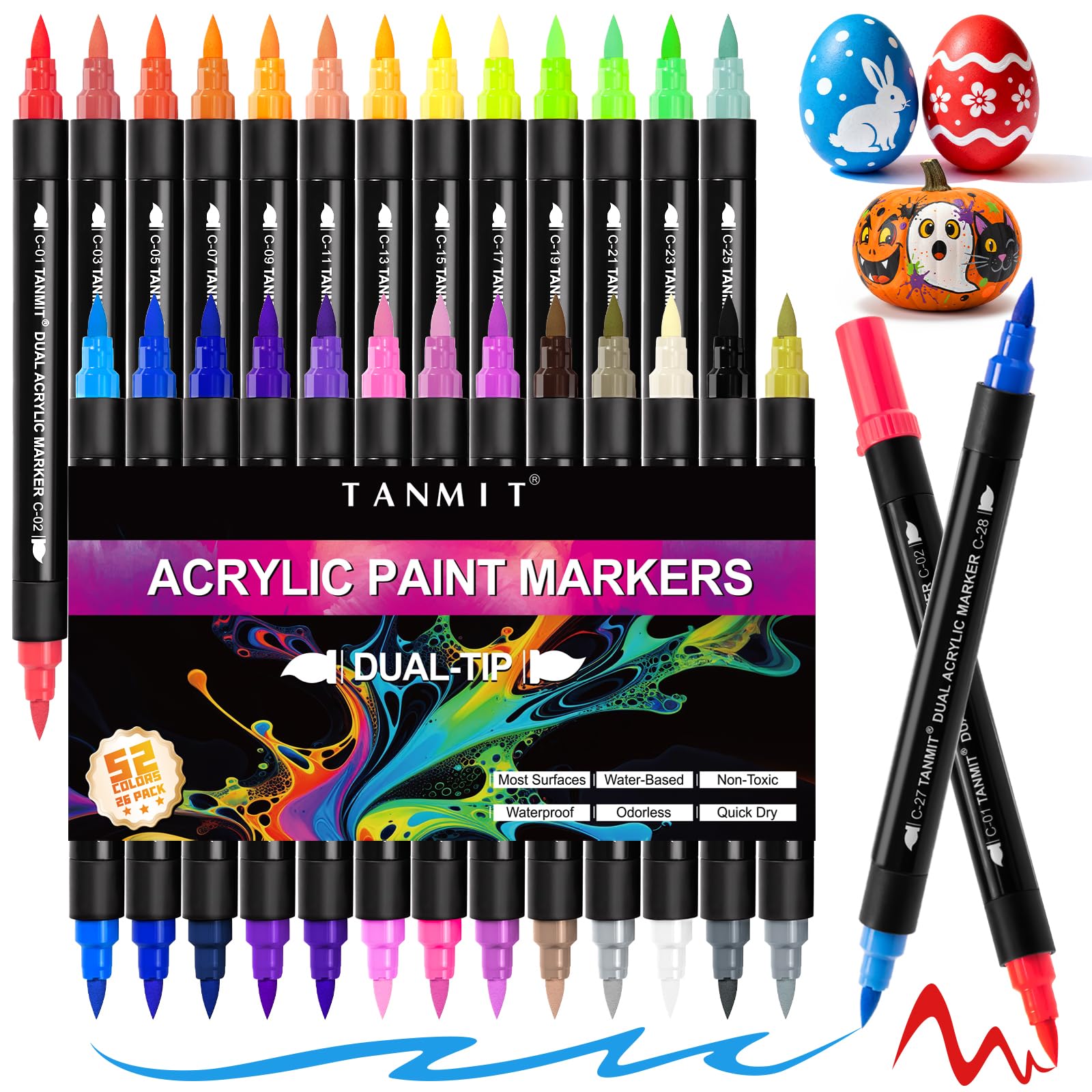 TANMIT 56 Colors Acrylic Paint Markers, 26 Pack Dual-Color Acrylic Paint Pens Markers for Rock Painting, Wood, Canvas, Stone, Glass, Ceramic Surfaces, DIY Crafts Art Supplies Kit