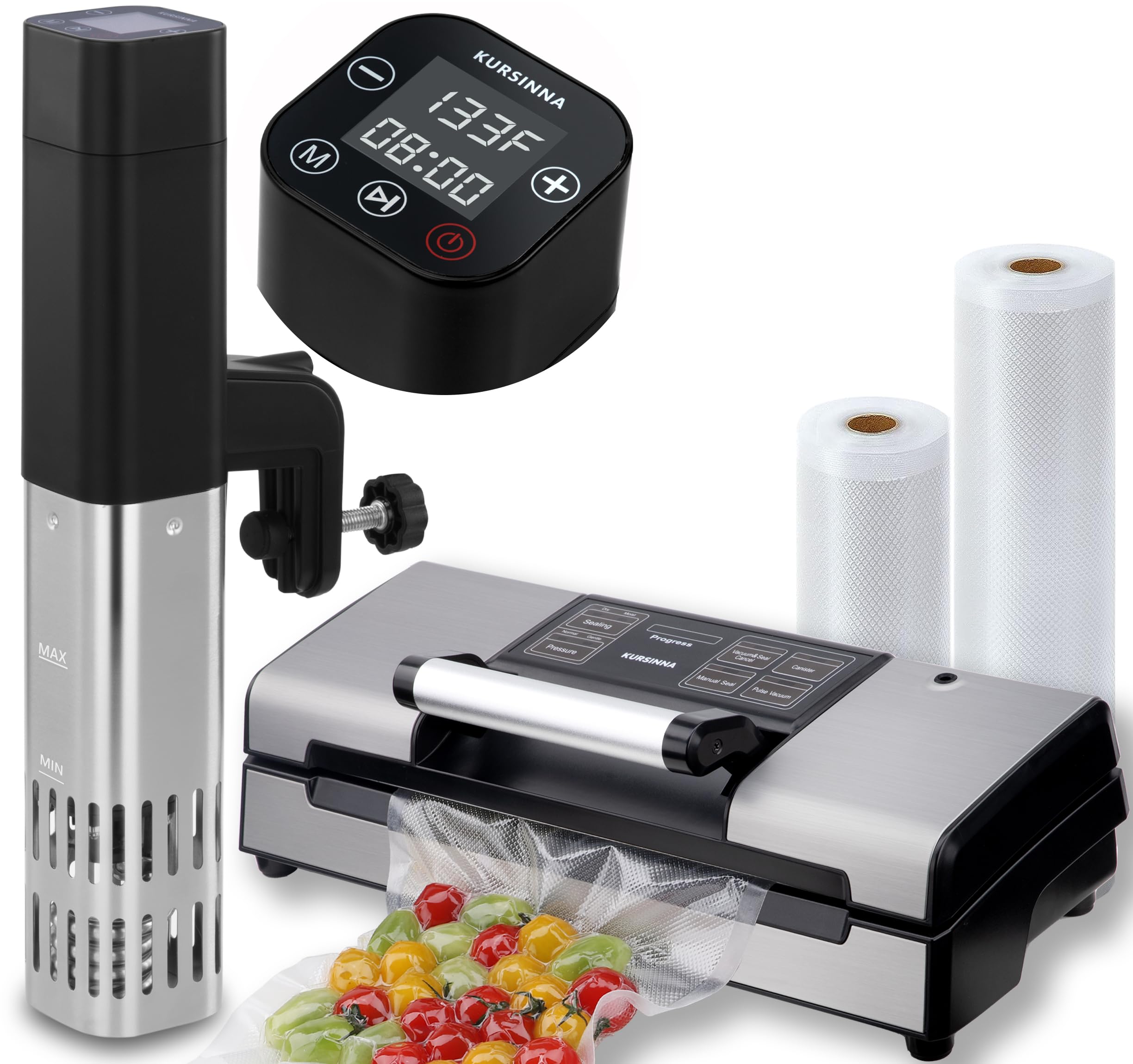 Kursinna Sous Vide Machine with Vacuum Sealer Machine Pack, 1000W Sous Vide Cooker and 90kPa Powerful 8 in 1 Food Sealer for Food Preserve