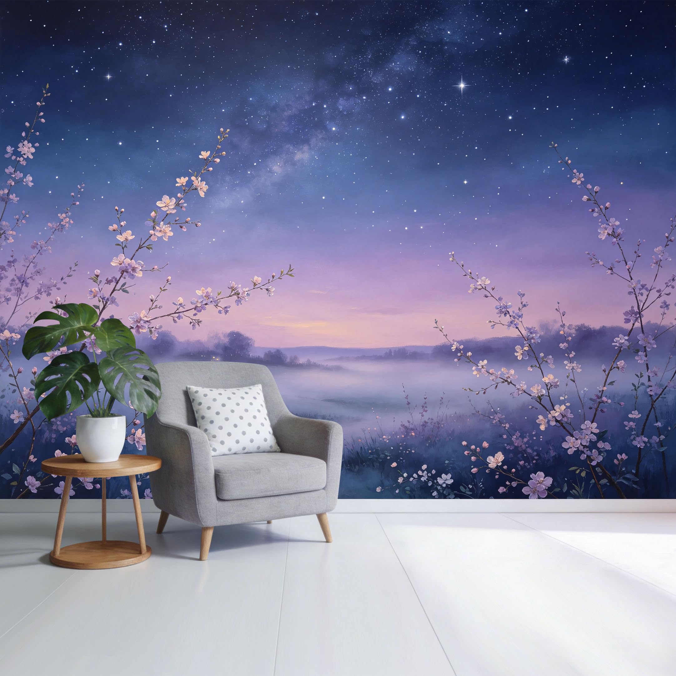 Custom Size Wall Mural Starry Night Sky Lavender Field Blossom Landscape Watercolor SelfAdhesive Wall Fabric Removable Wallpaper for Home Office Decor