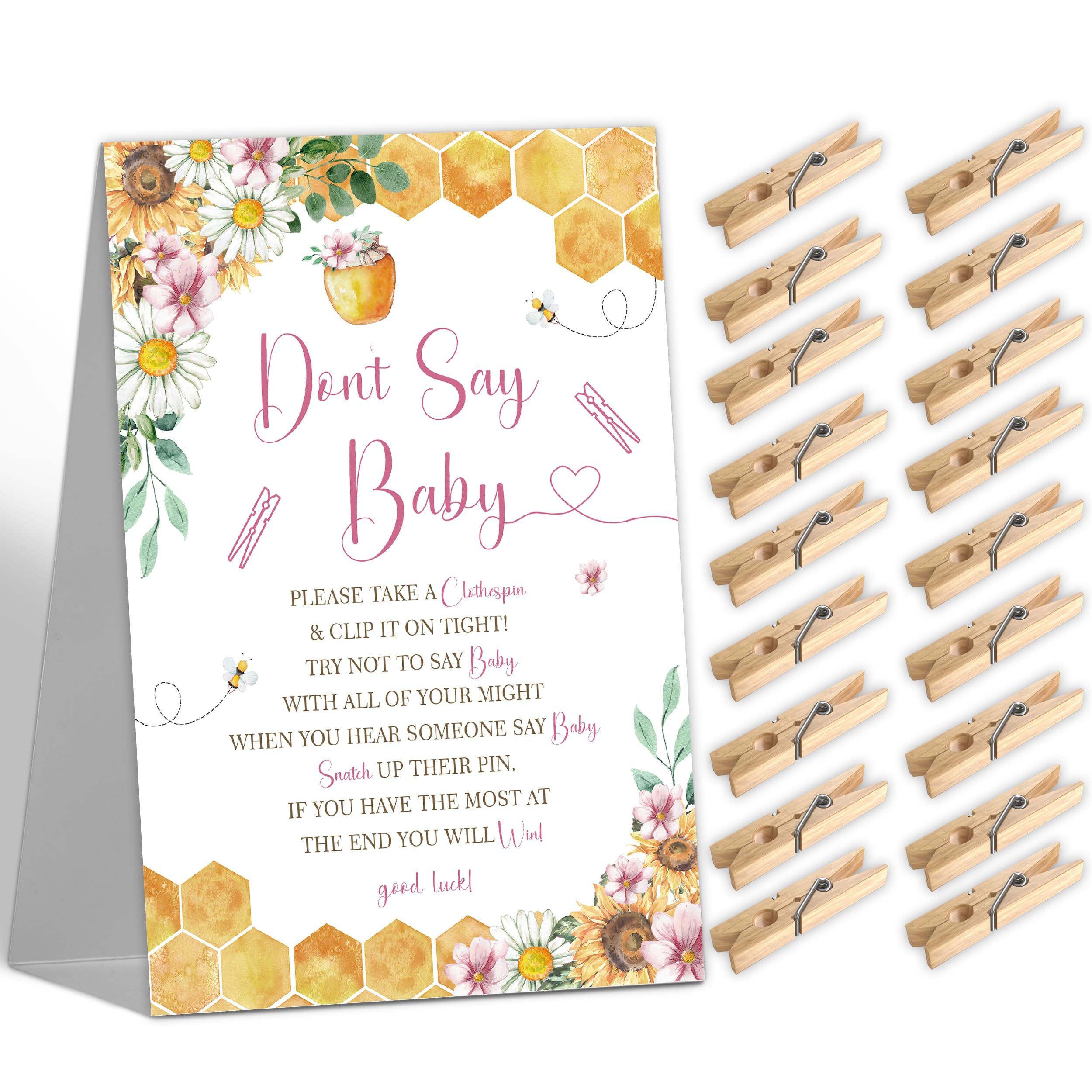 Honey Bee Baby Shower Decorations - Dont Say Baby Baby Shower Game, 1 Sign and 50 Mini Wooden Clothespins, Funny Gender Reveal Games for Bee Themed Party Activities Decor, 50 Guests