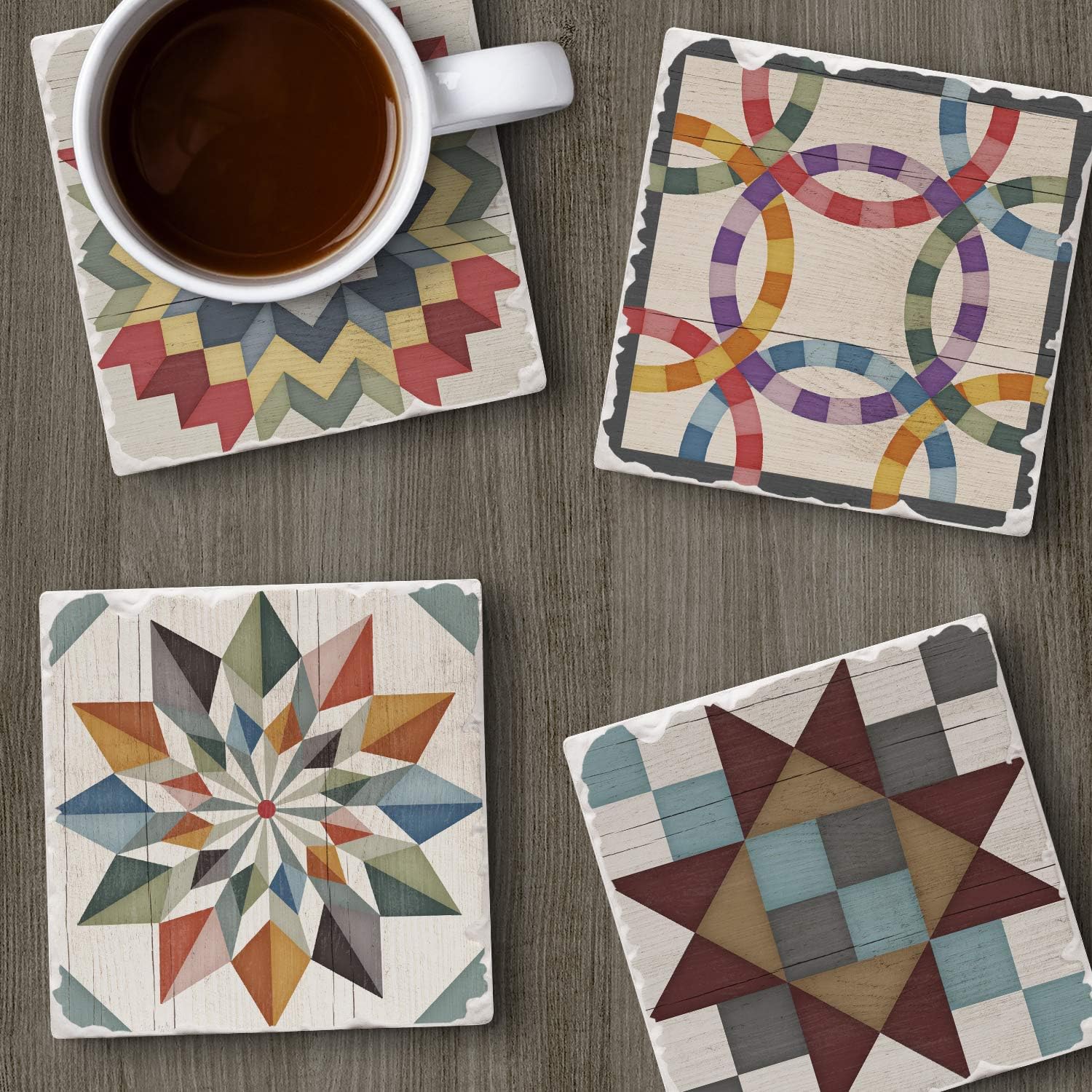 Thirstystone Barn Quilt Patterns 4-Pack Tumbled Tile Stone Coasters Manufactured in The USA Absorbent Easily Wipes Clean