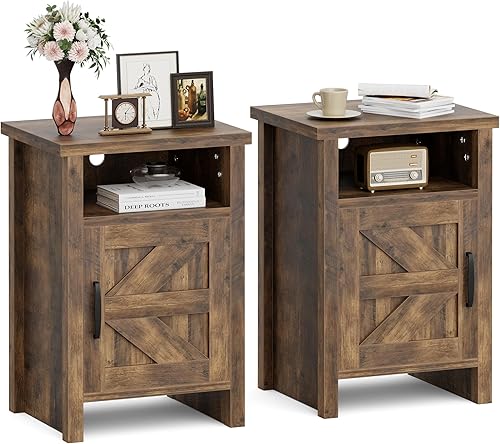 Miniatura 11 de JUMMICO Mesita de noche de estilo granja, mesa de noche moderna con puerta de granero y estante, mesa auxiliar rústica para dormitorio, sala de