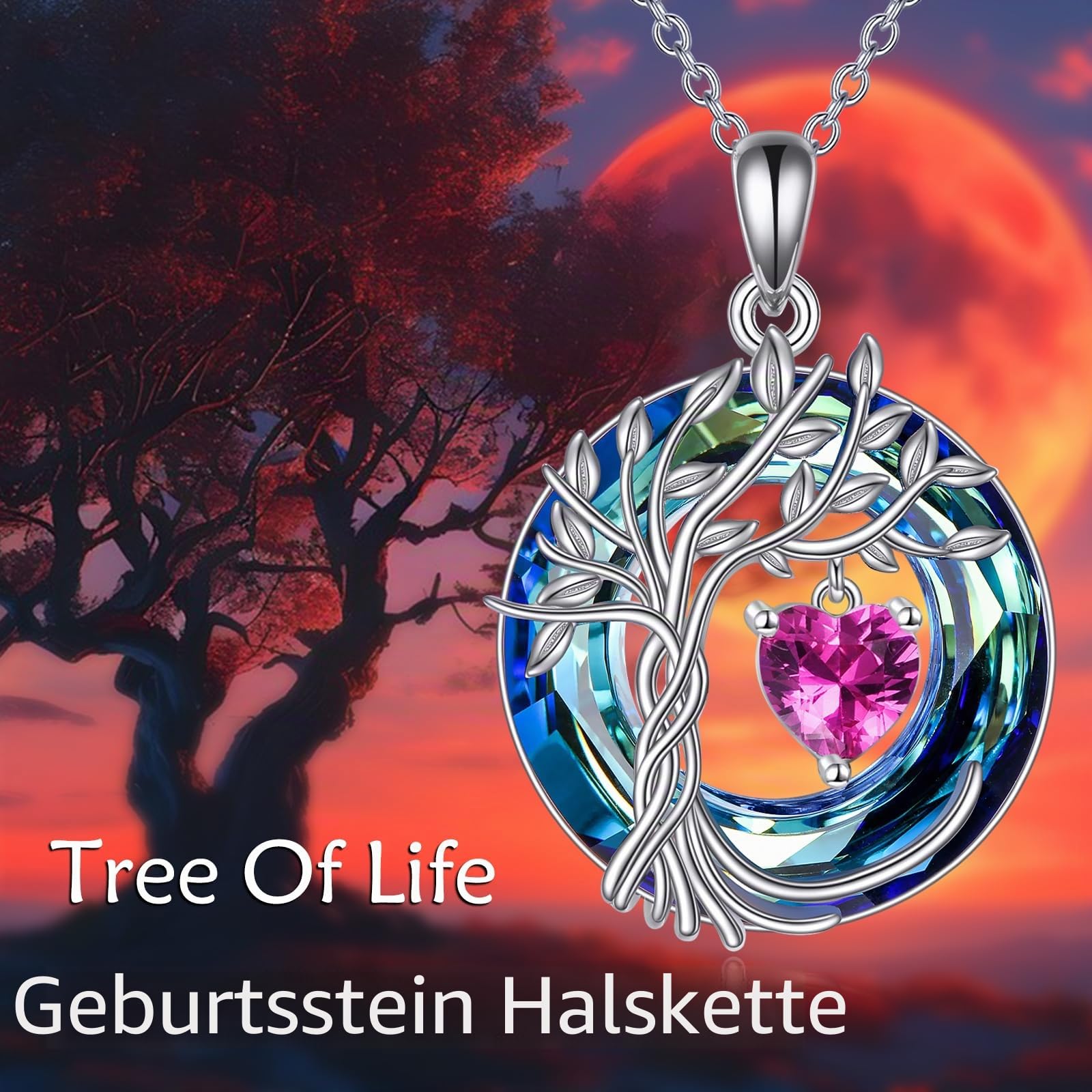 POPLYKE Lebensbaum Geburtsstein kette für Damen 925 Sterling Silber Baum des Lebens Schmuck mit Kristall Weihnachtsgeschenke für Mutter Ehefrau