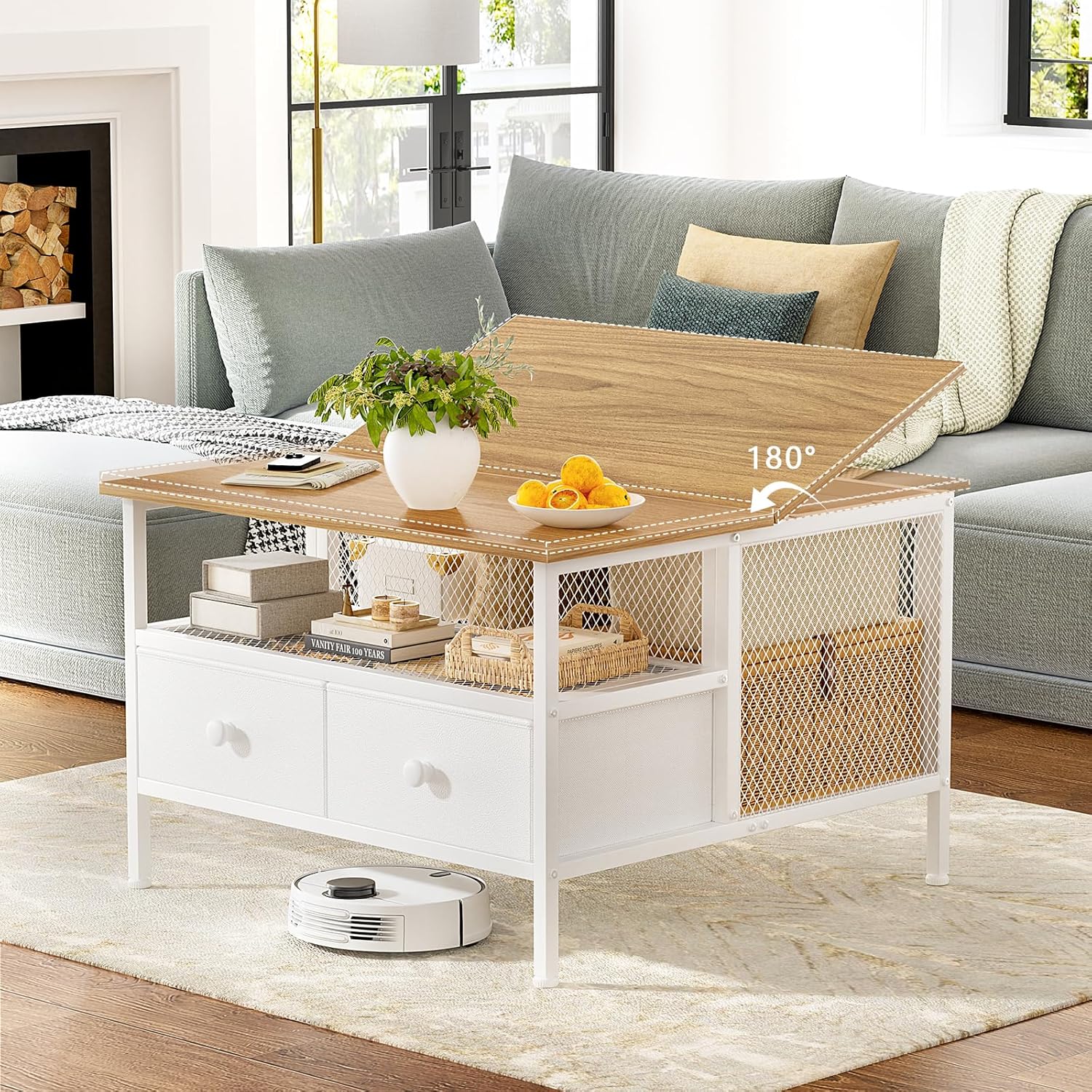FABATO Flip Top Coffee Table, Square Coffee Table Metal Wood, Farmhouse Lift Up Coffee Tables Cocktail Table with Wire Mesh Barn Door and Storage, Steel Frame, Small Tea Table for Living Room, White