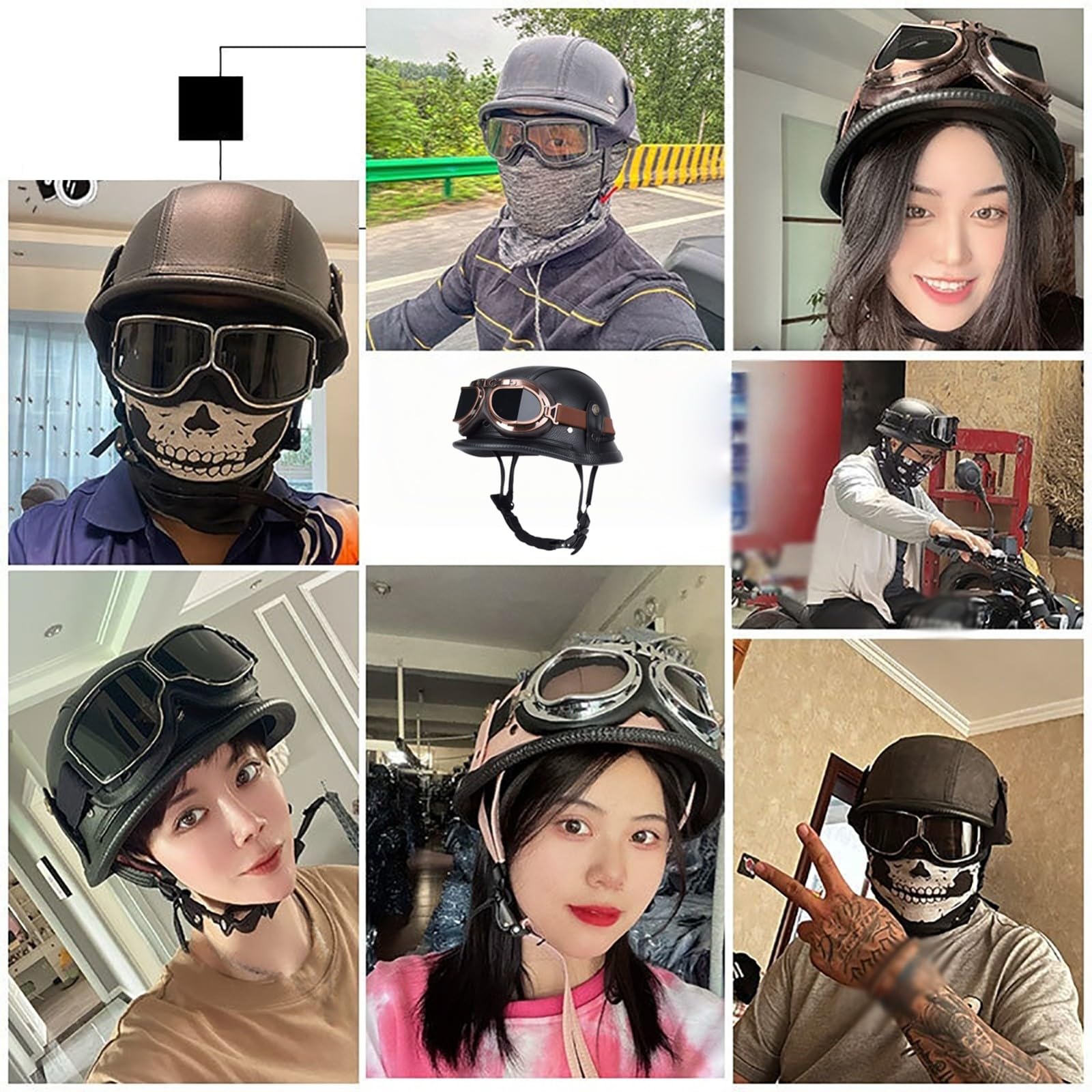 Casco Da Moto In Stile Tedesco, Omologato ECE/DOT, Casco A Mezzo Casco Vintage In Pelle Per Adulti (Uomo E Donna), Casco Da Ciclomotore Cruiser Con Occhiali.
