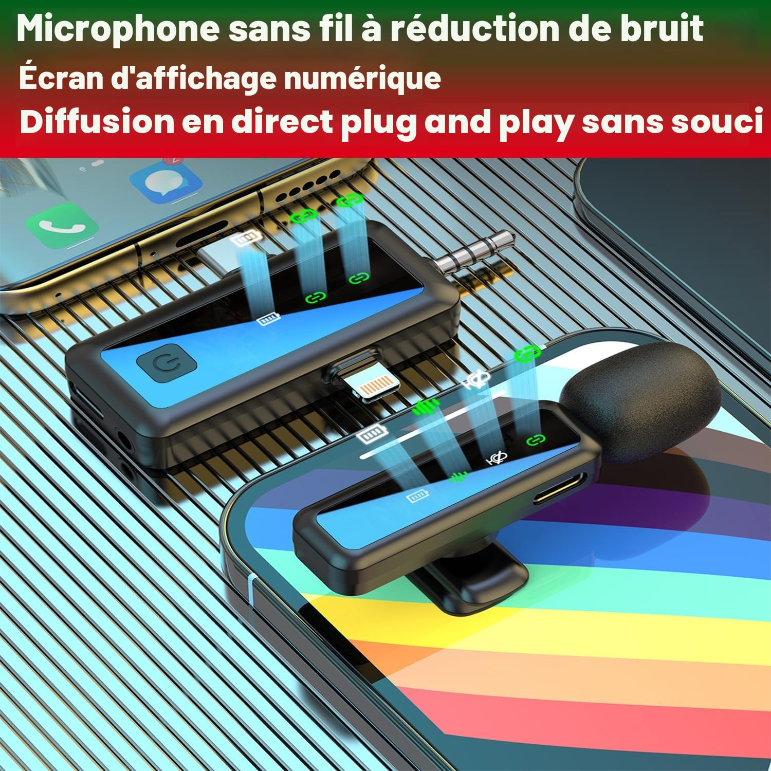 Microphone cravate sans fil 3 en 1, pour iPhone, Android, iPad, pour enregistrement vidéo, streaming, interview, vlog, TikTok, YouTube