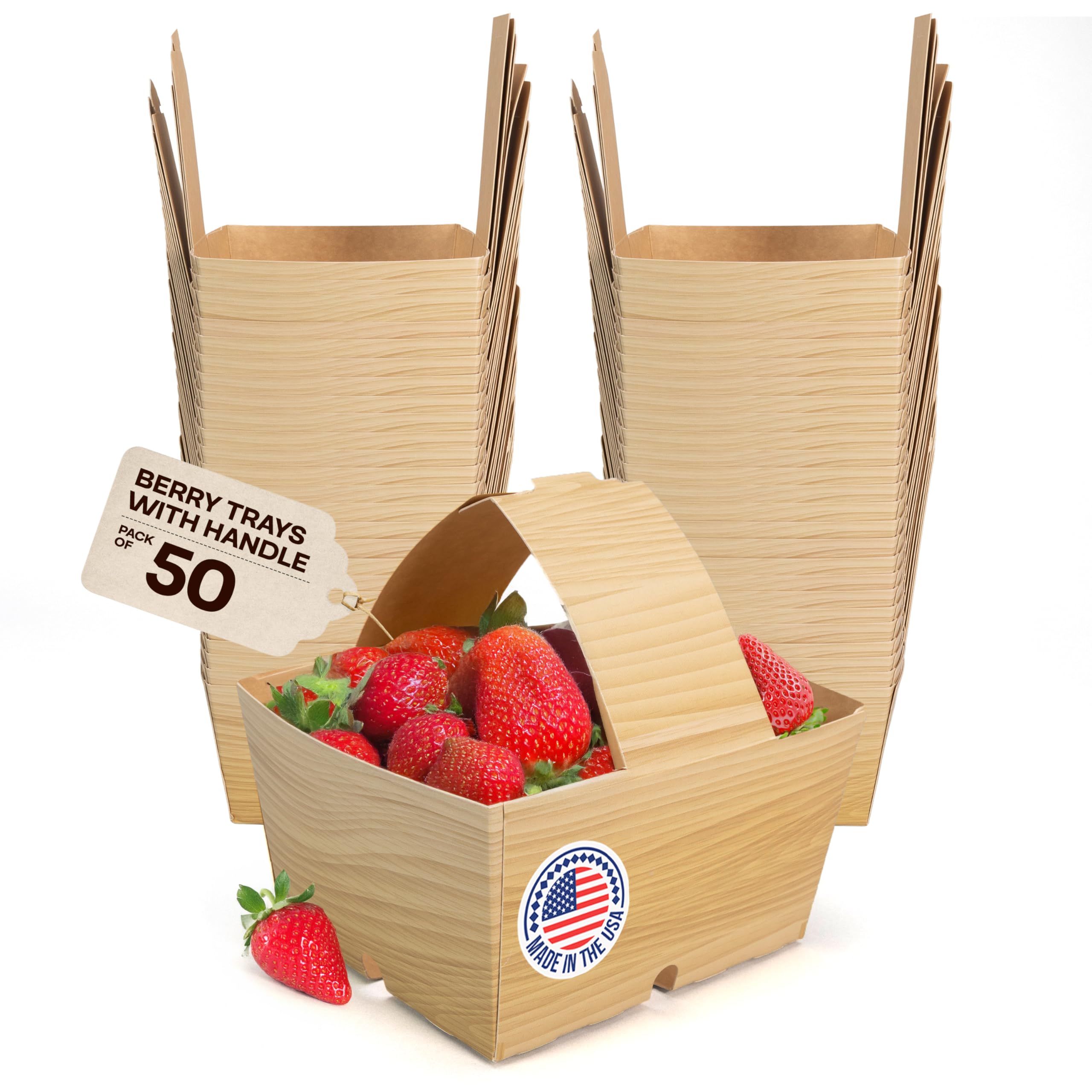 IDL Packaging Cestini per bacche da 3 pinte, con manici, stampa con venature del legno (confezione da 50), realizzati negli Stati Uniti, resistenti, in cartone per alimenti, per frutta e verdura