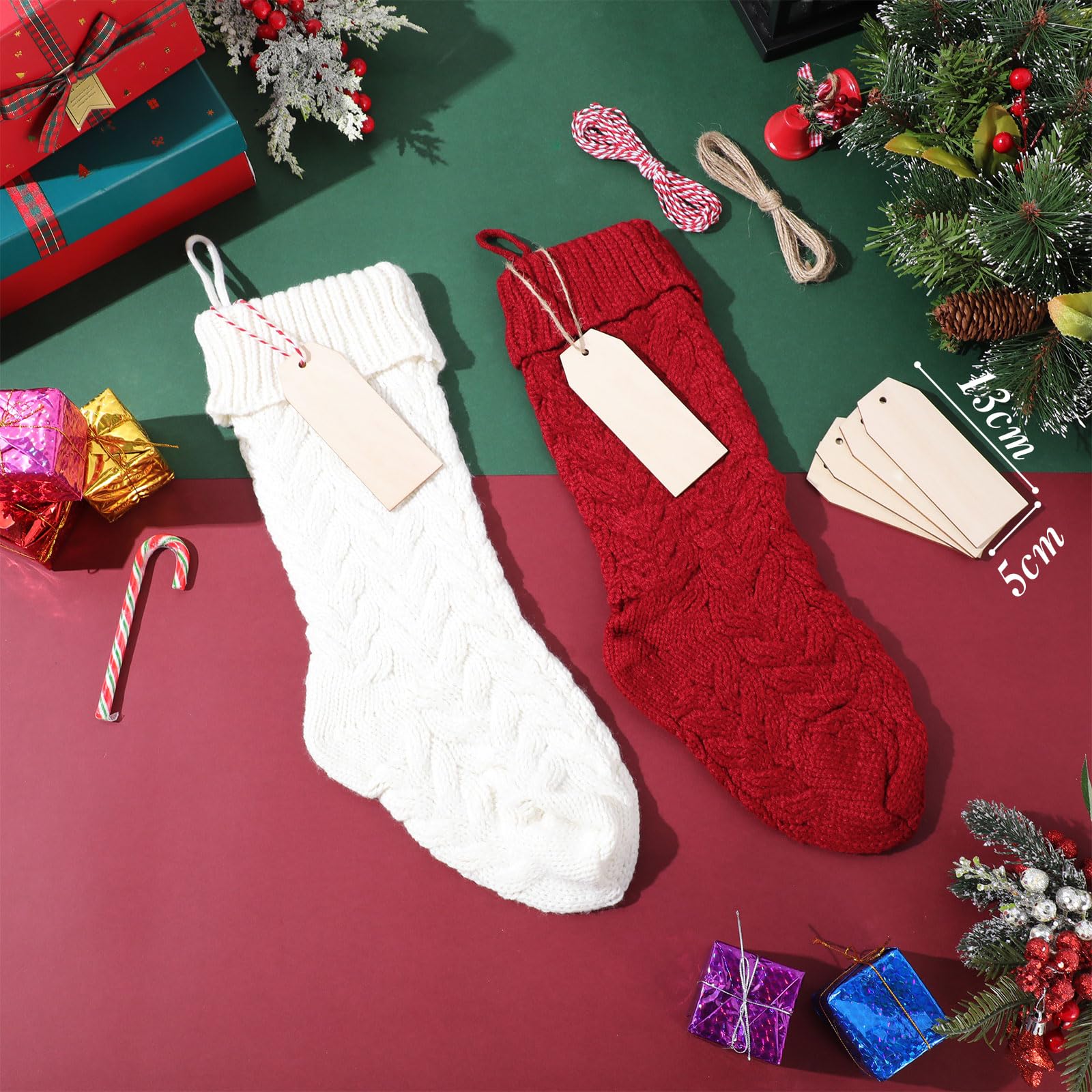 Lot de 6 chaussettes de Noël tricotées de 45,7 cm avec étiquettes de nom pour décoration de Noël en famille (bordeaux, blanc ivoire)